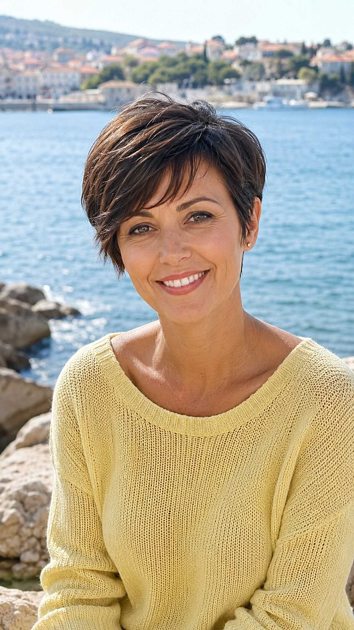 Dark brown choppy layered pixie with piecey textured fringe