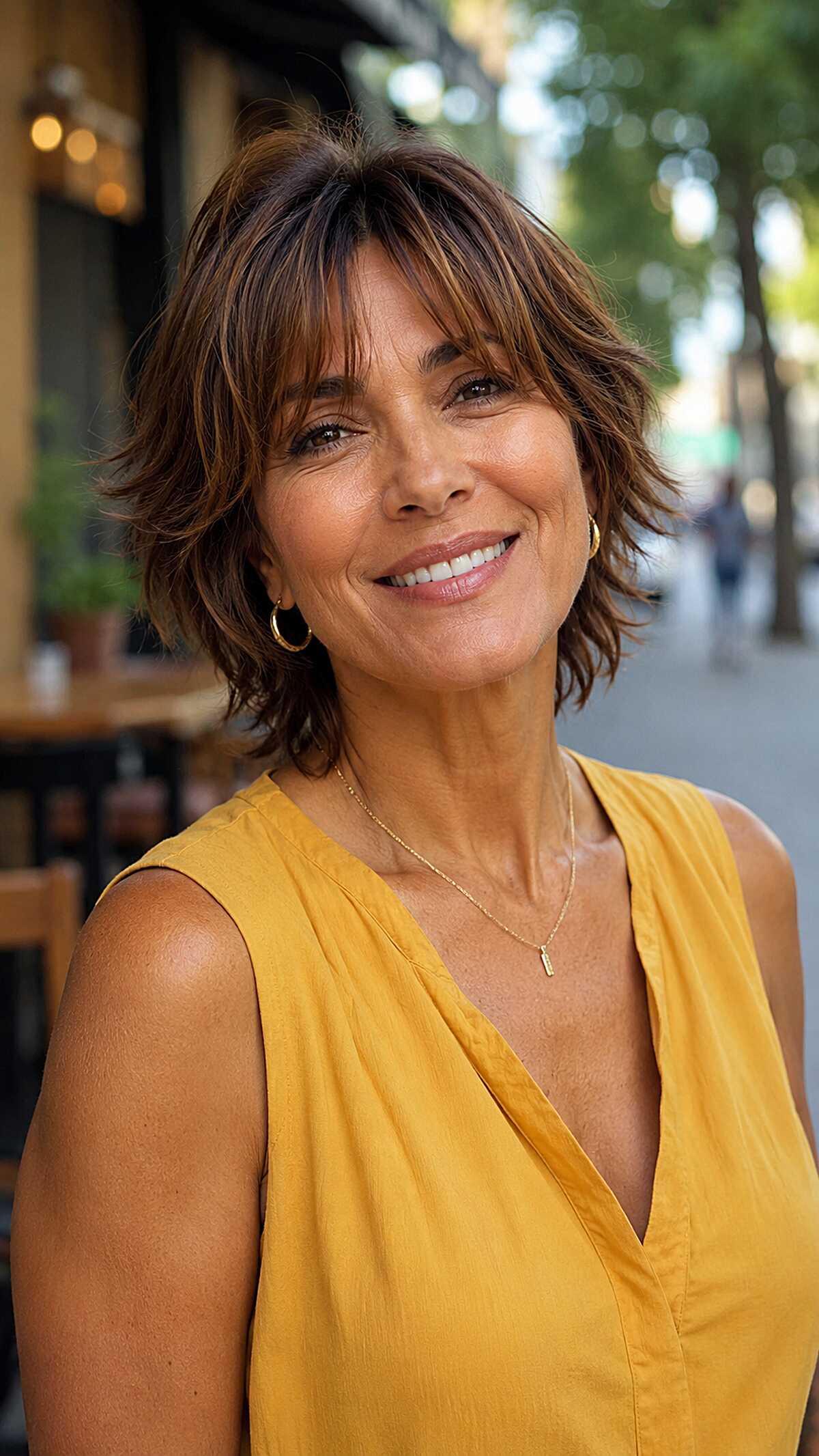 Short choppy brown shag with piecey curtain bangs