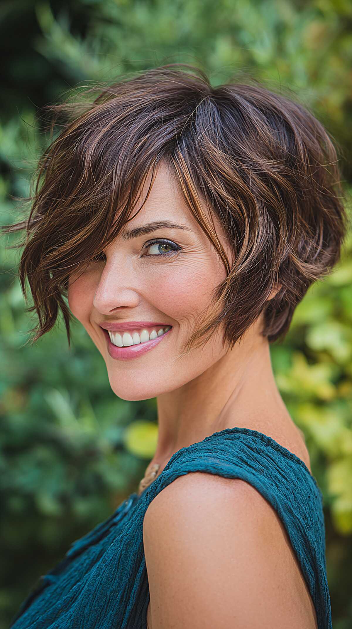 Short choppy layered crop with warm brown highlights