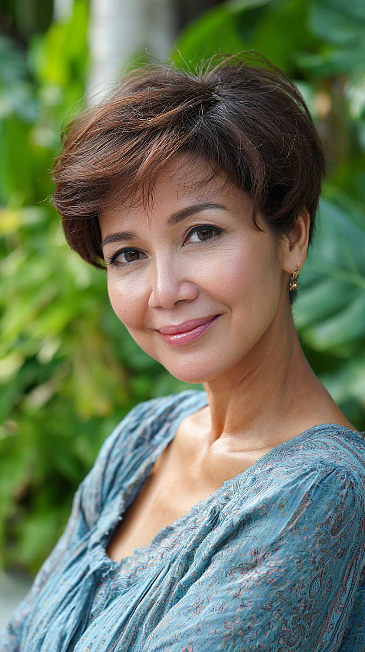 Short brown layered pixie cut with tapered nape and volume