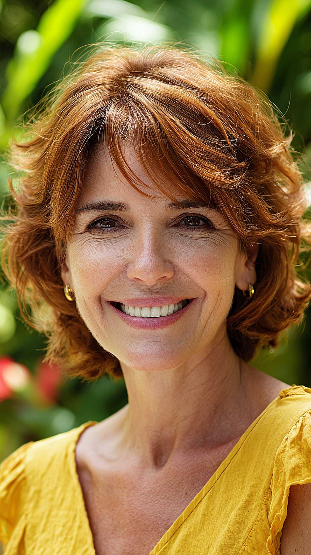 Copper red feathered bob with layered bangs and movement