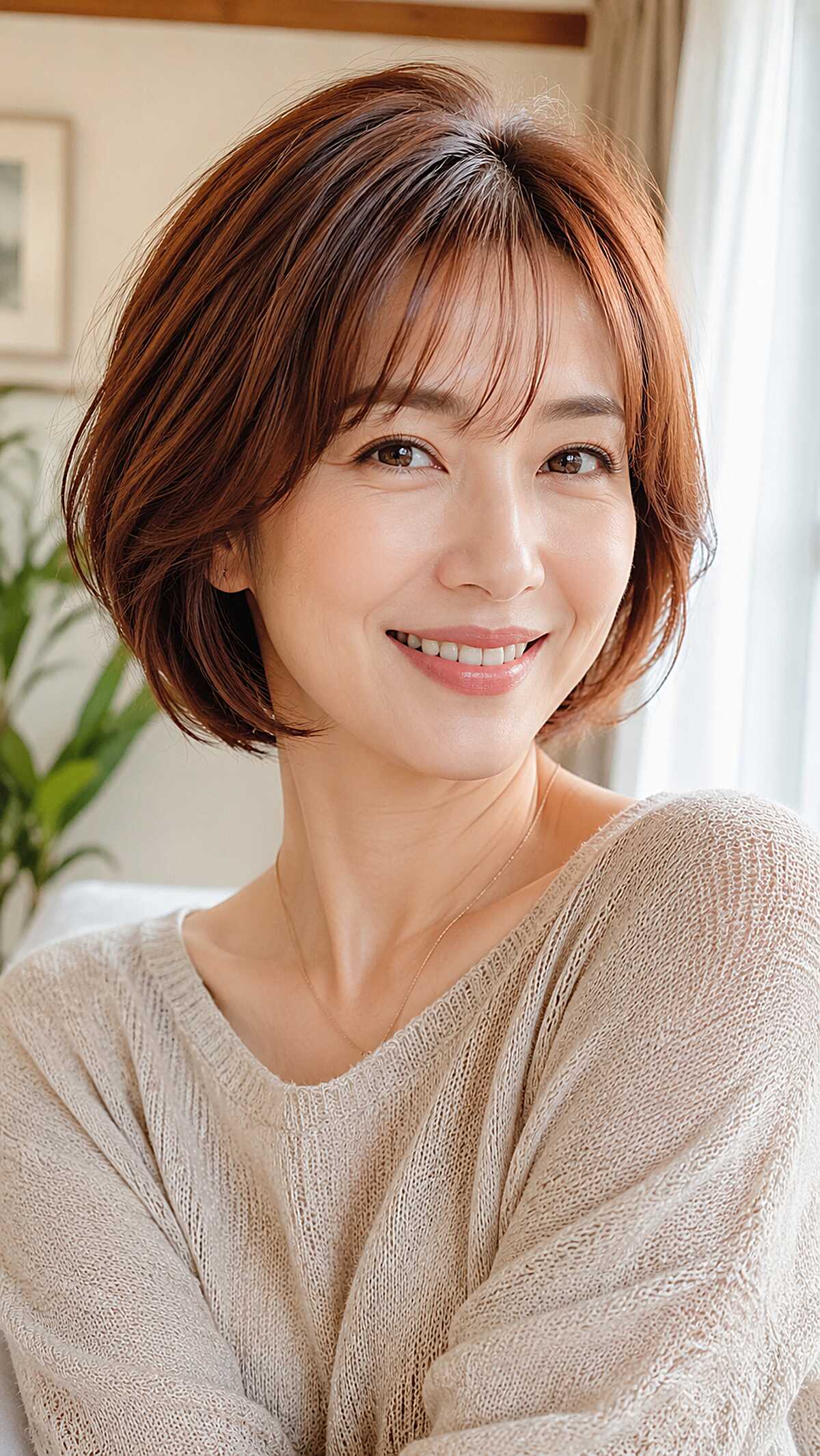 Short copper-toned bob with feathered side bangs