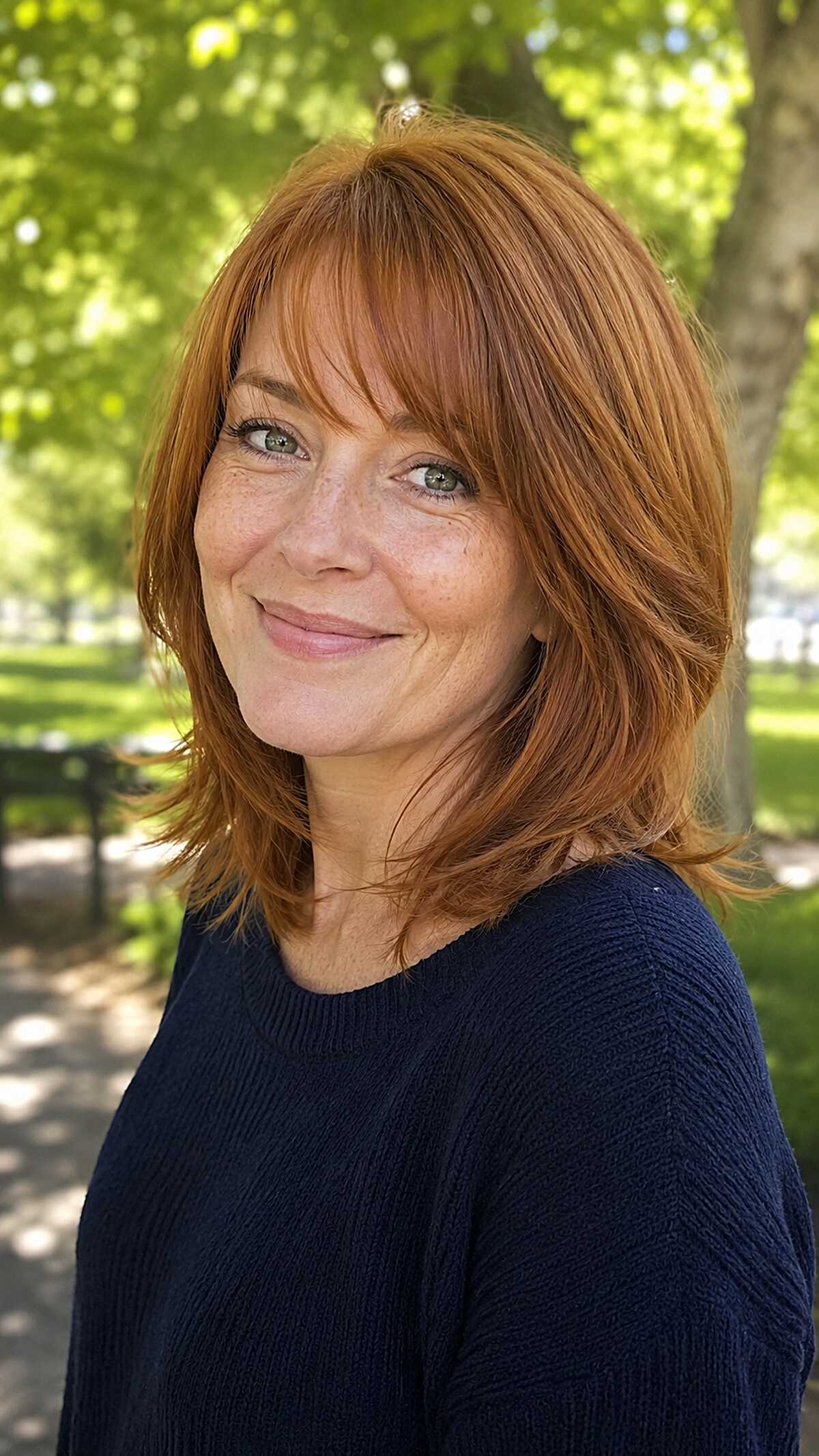 Copper red layered lob with curtain bangs