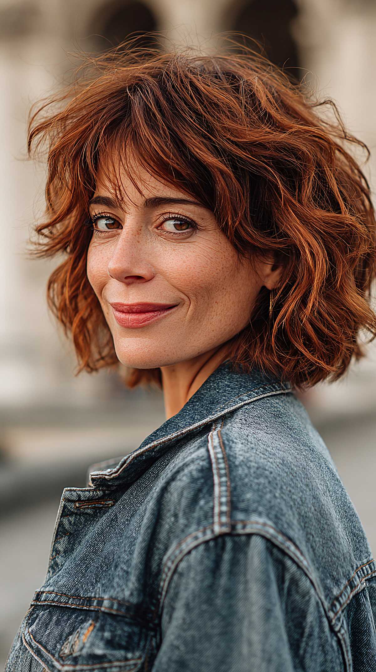 Copper red tousled shaggy bob with soft bangs