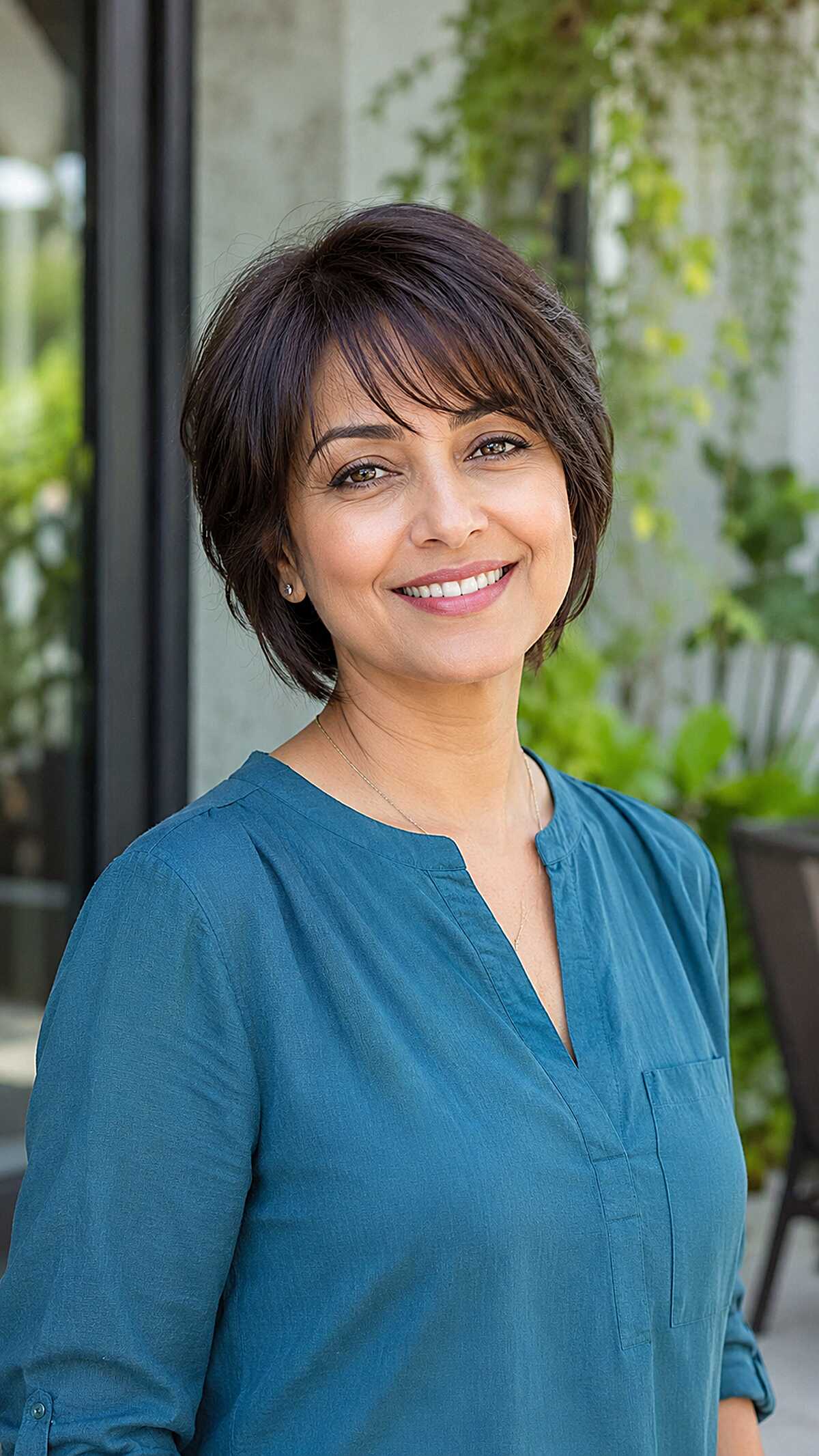 Cropped dark brown bob with textured side bangs