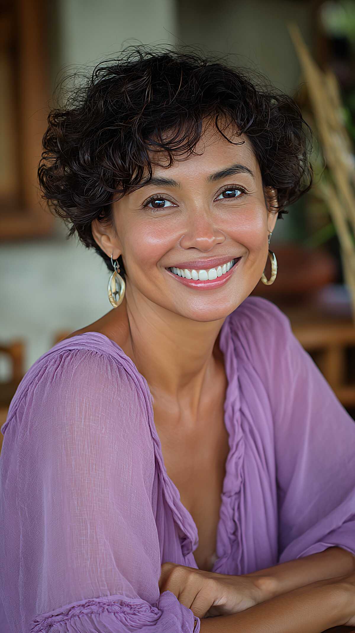 Dark curly pixie-bob with natural volume and texture