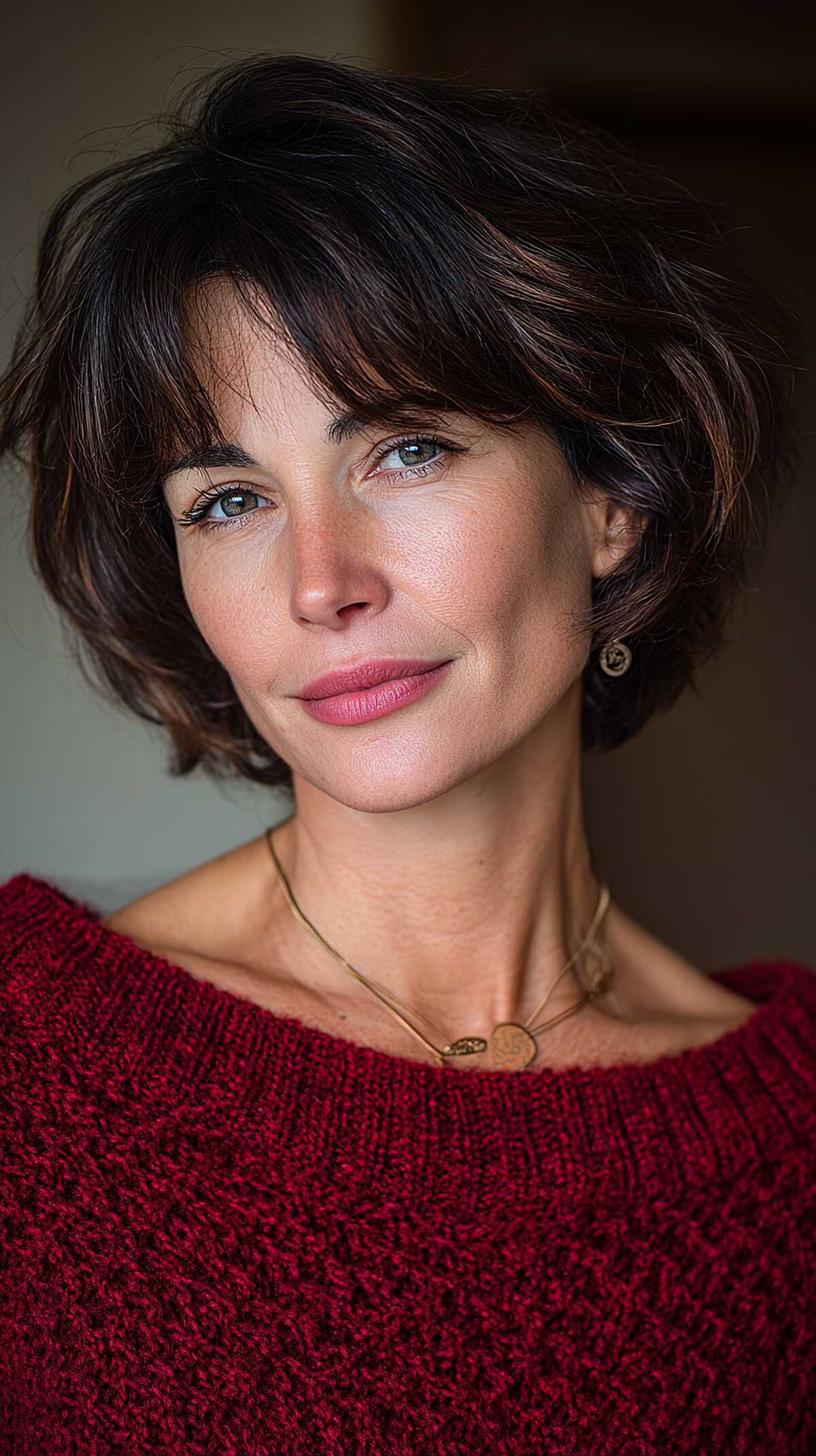 Short dark brown textured bob with wispy layered fringe
