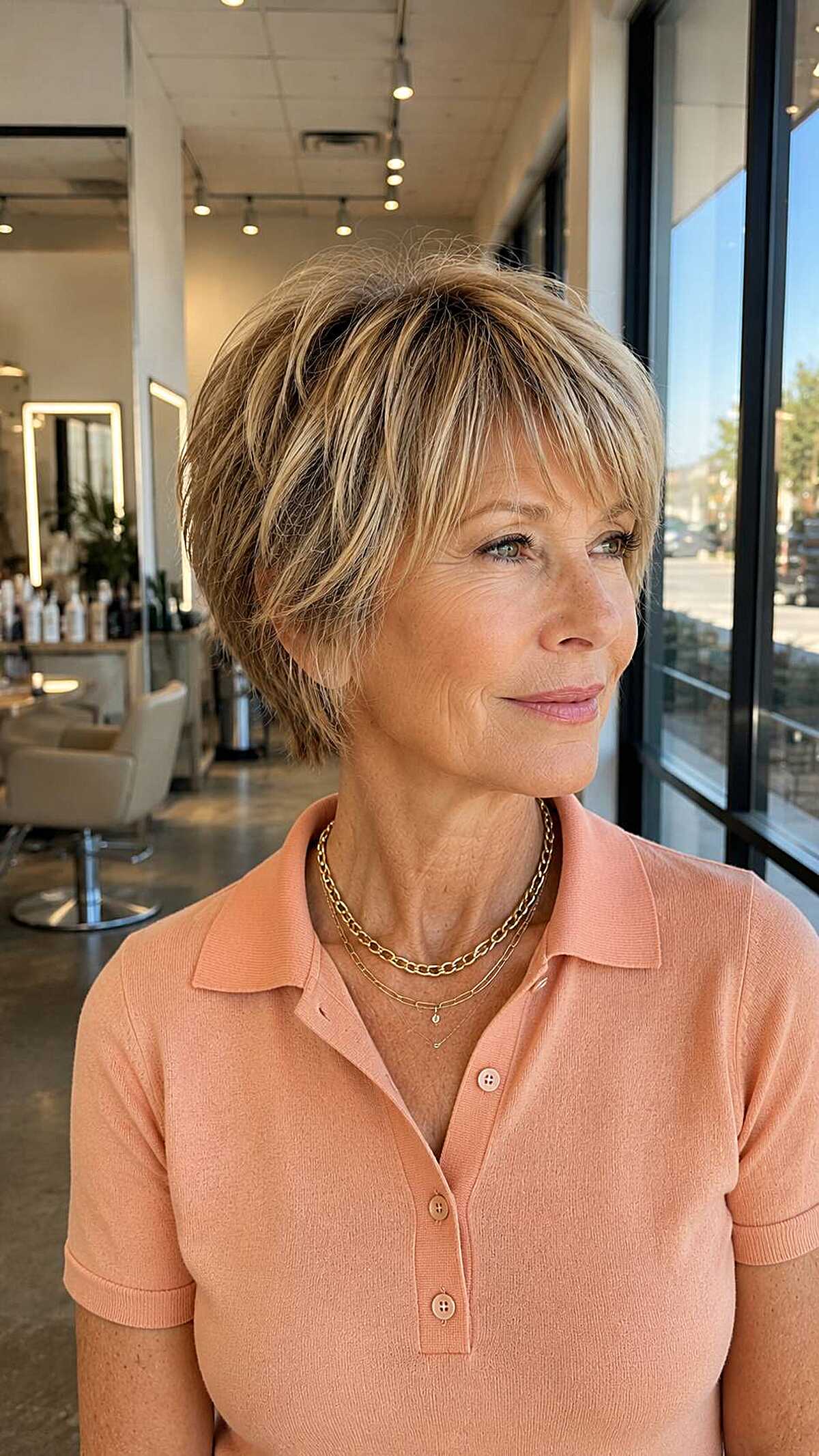 Short layered cut with blonde highlights and feathered bangs