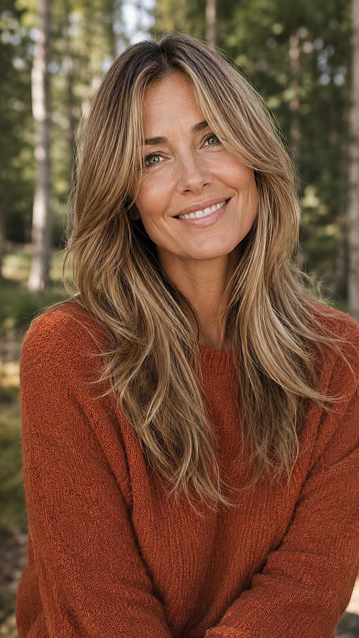 Long dirty blonde wavy hair with long curtain fringe