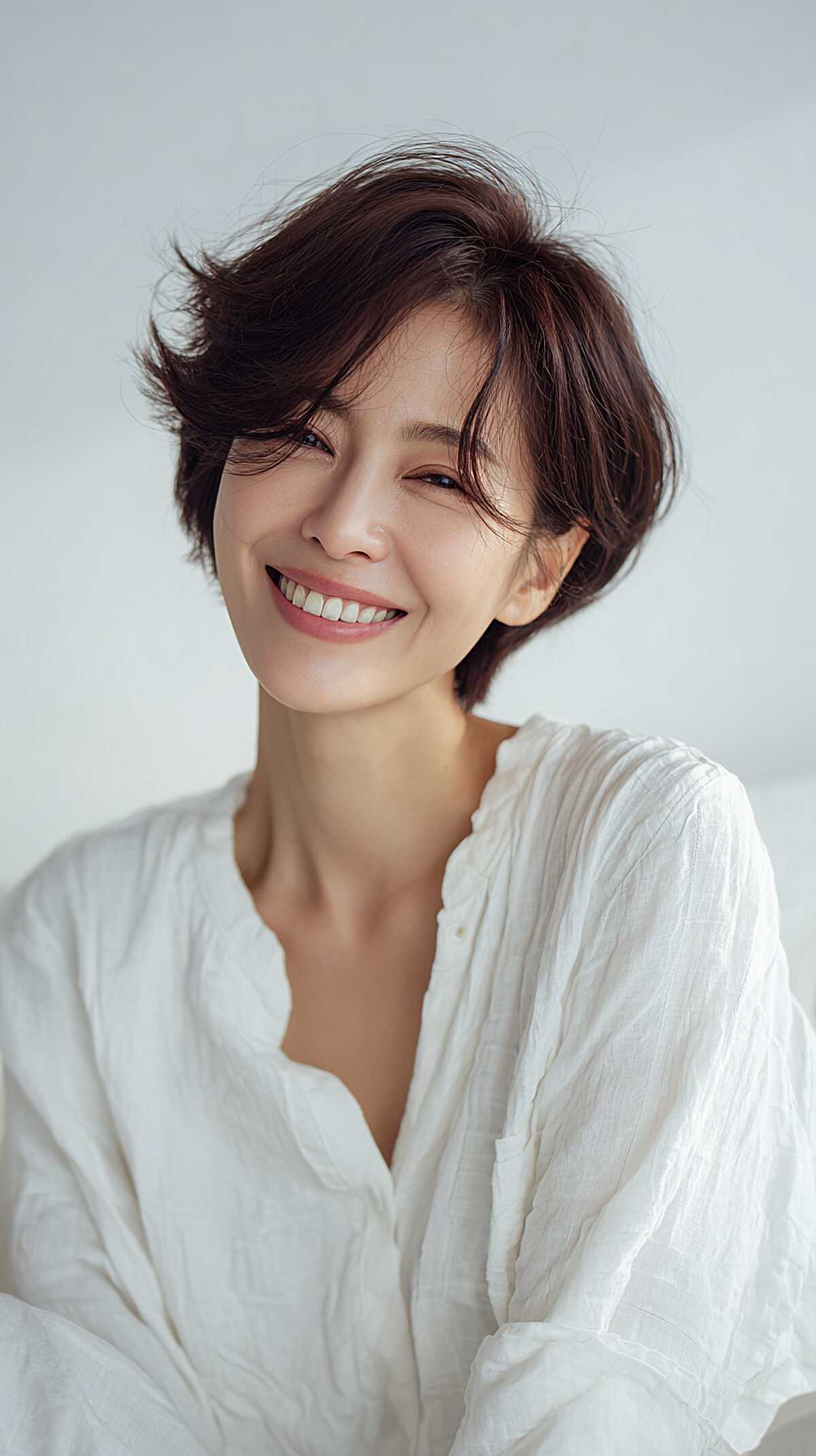 Dark brown short layered cut with soft waves and side part