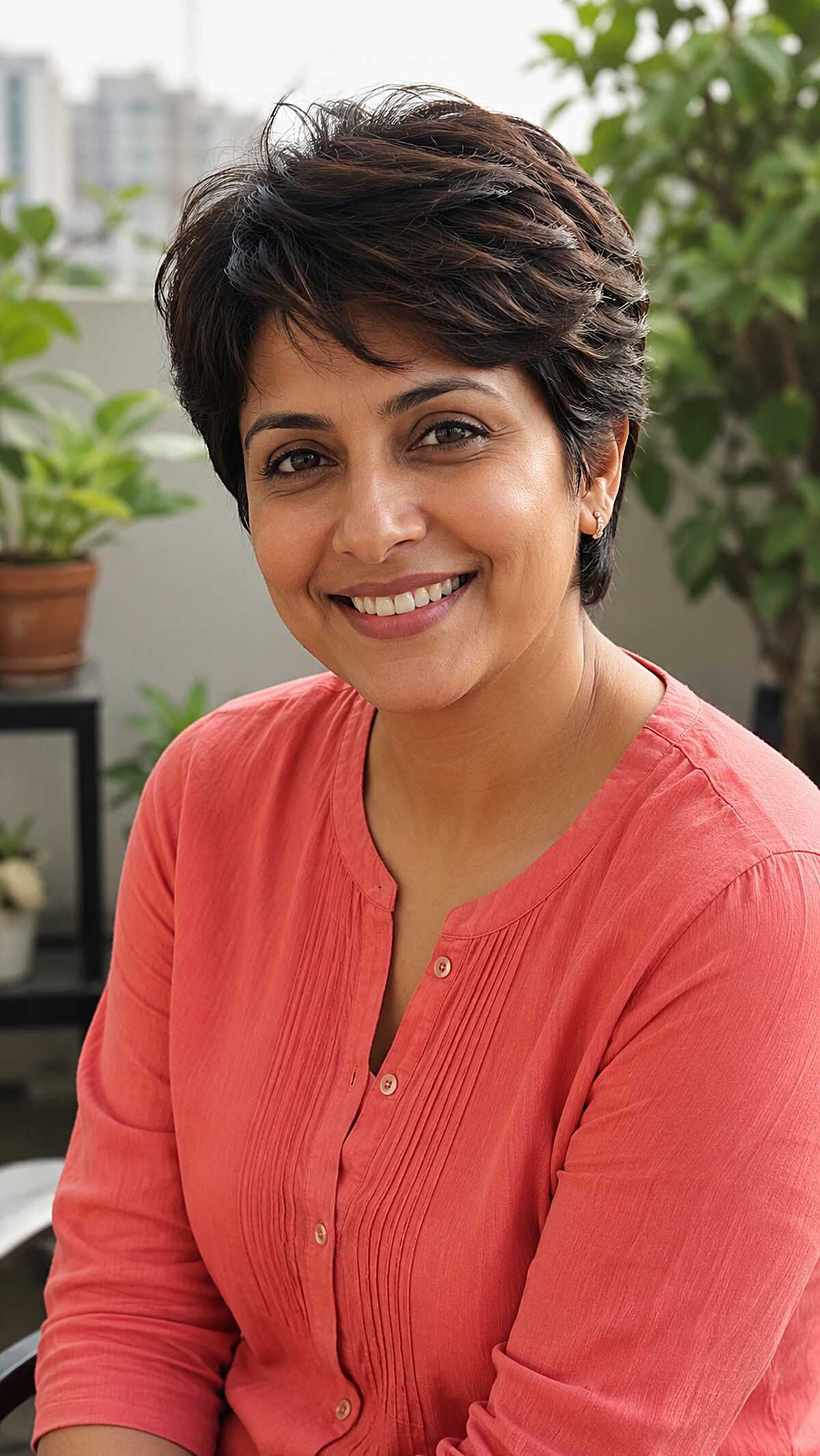 Dark brown feathered layered pixie cut for thick hair