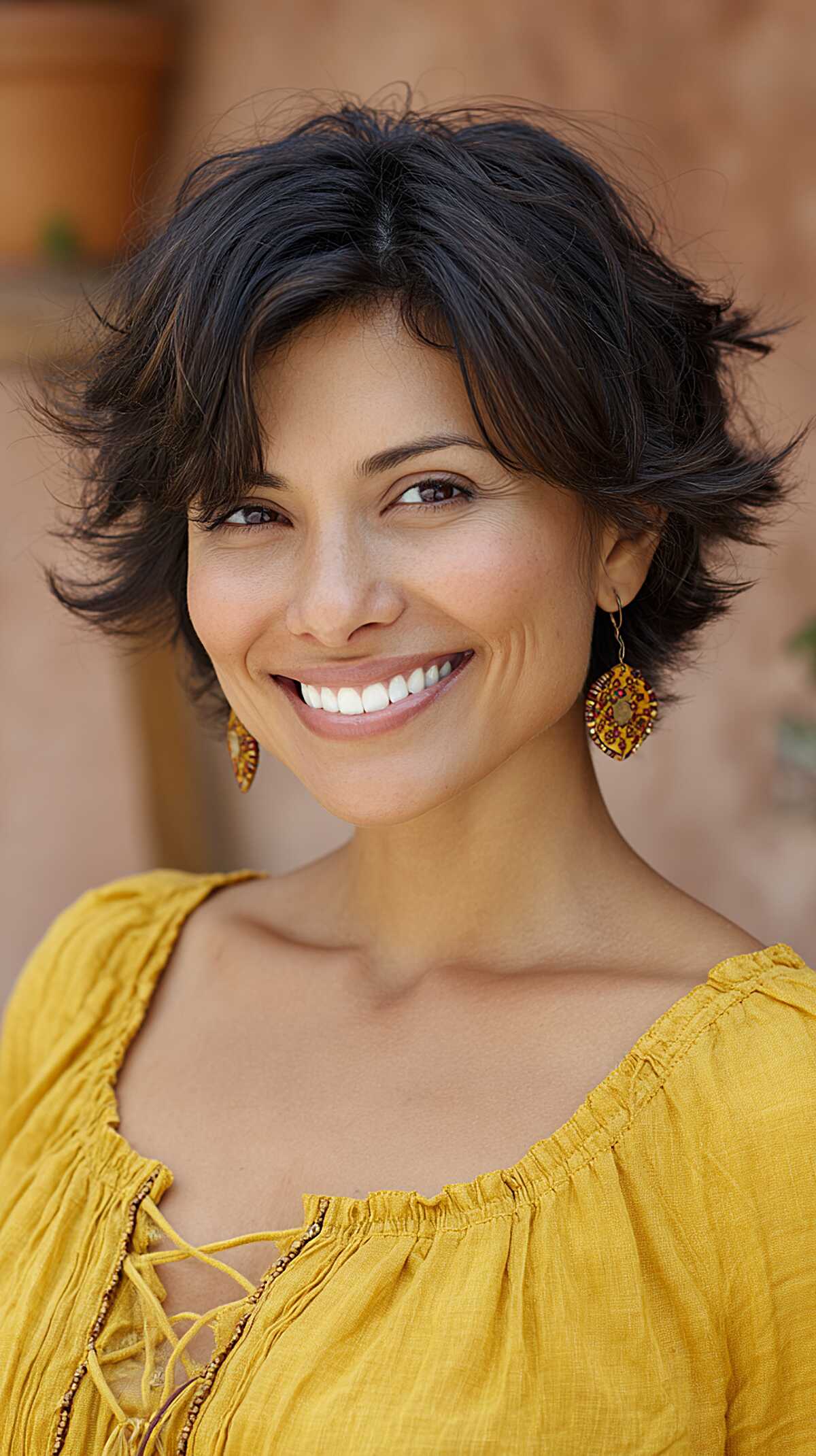 Black feathered short shag with face-framing wispy layers