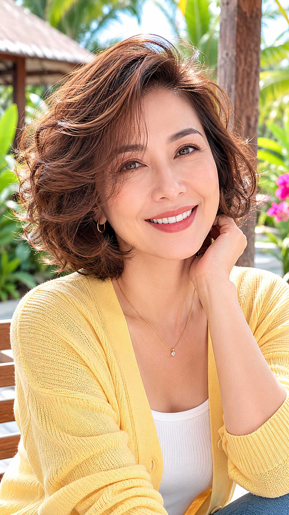 Short feathered wave perm with warm brown highlights