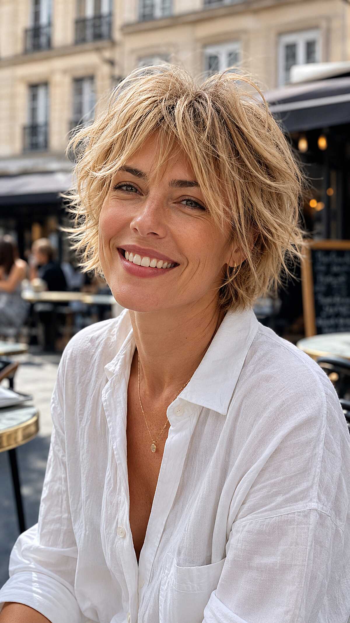 Feathery short blonde shaggy bob with wispy layers