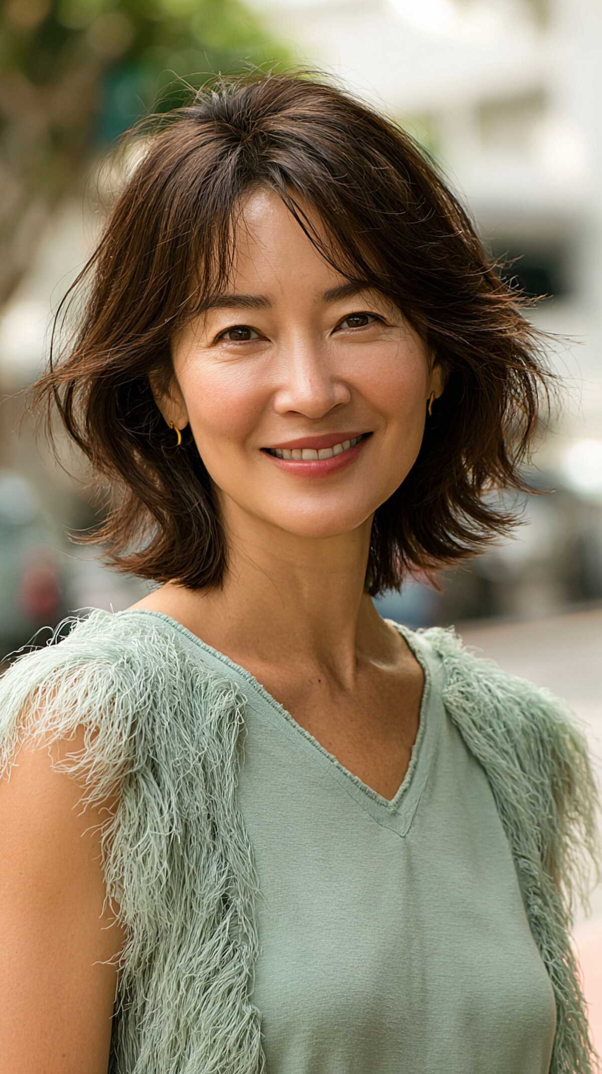 Flipped-out dark brown shaggy bob with curtain layers