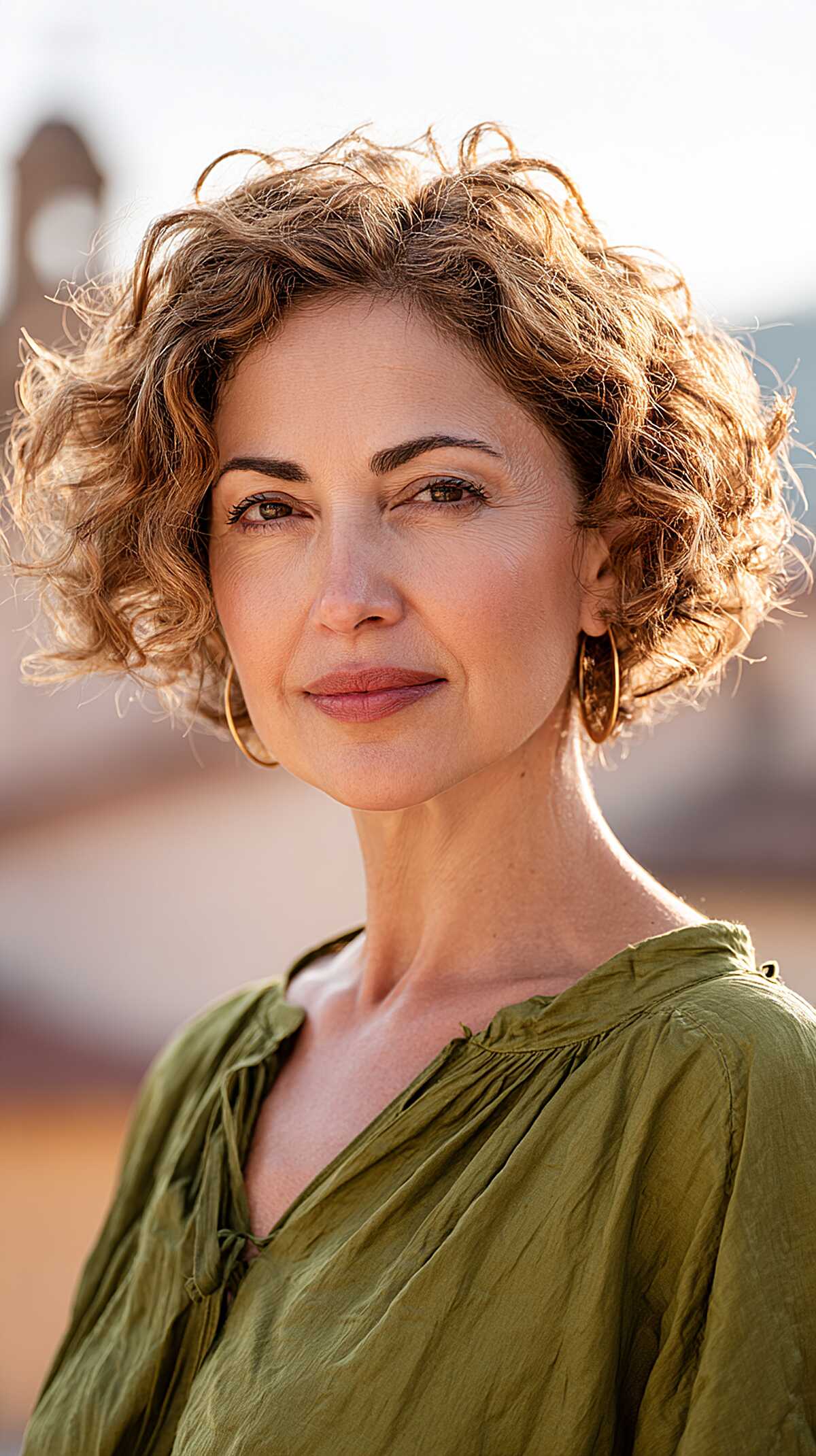 Chin-length curly bob in warm golden caramel tones