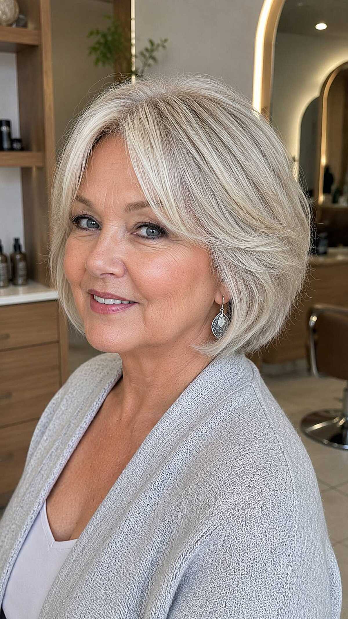 Icy blonde stacked bob with side-swept bangs