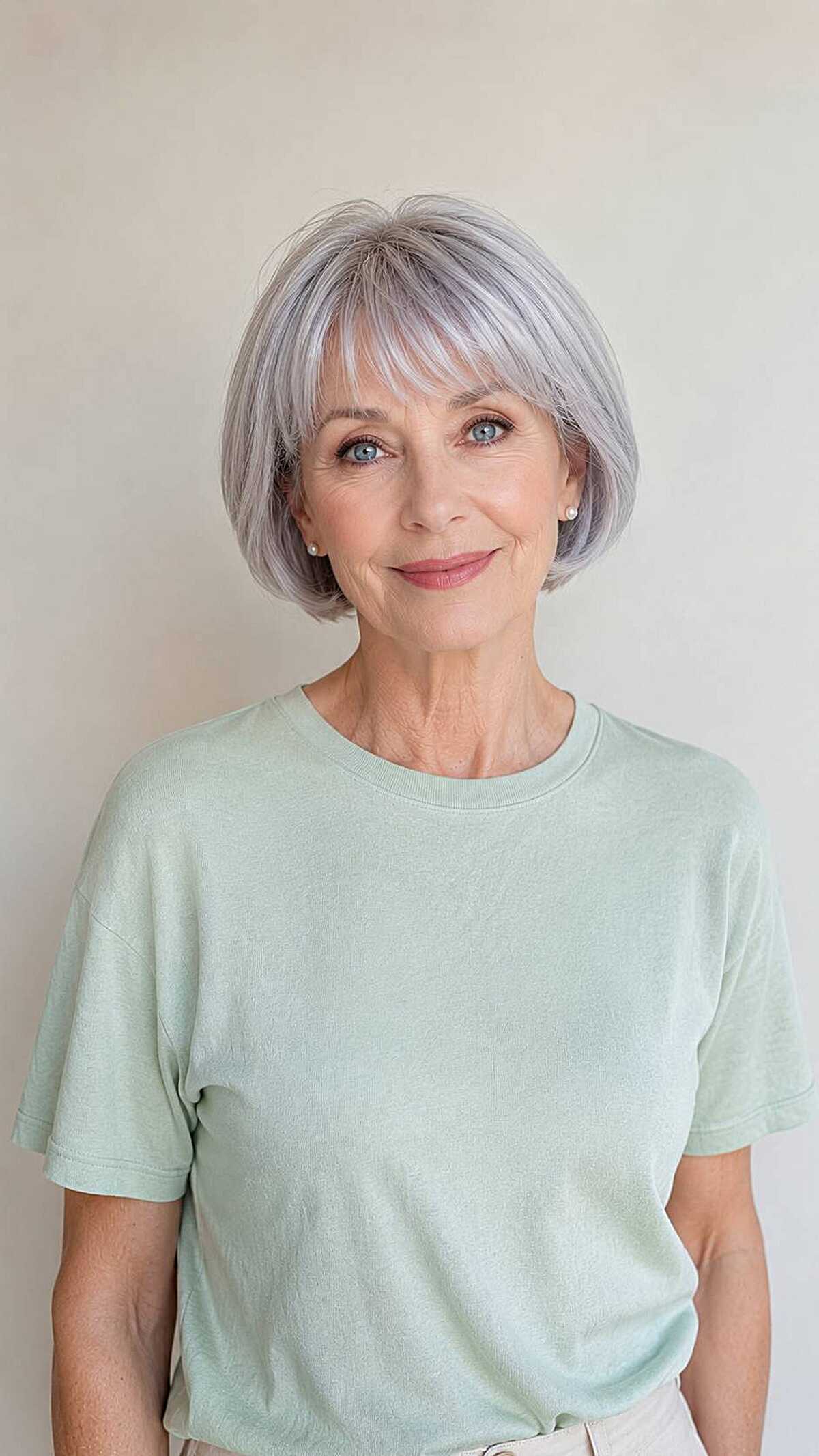 Lavender silver bob with wispy bangs on woman over 60