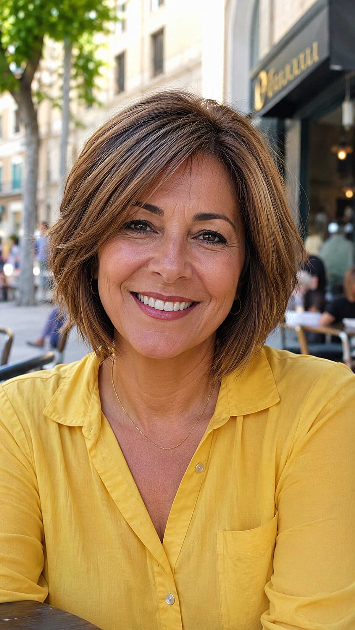 Short brown layered bob with side bangs and caramel highlights