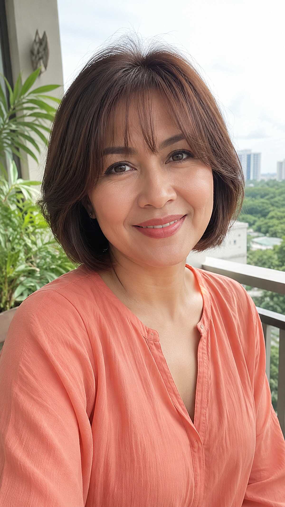 Layered brunette bob with soft face-framing bangs