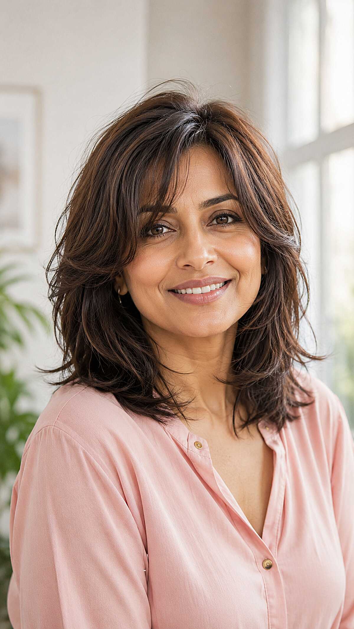Layered medium brunette shag with feathered ends