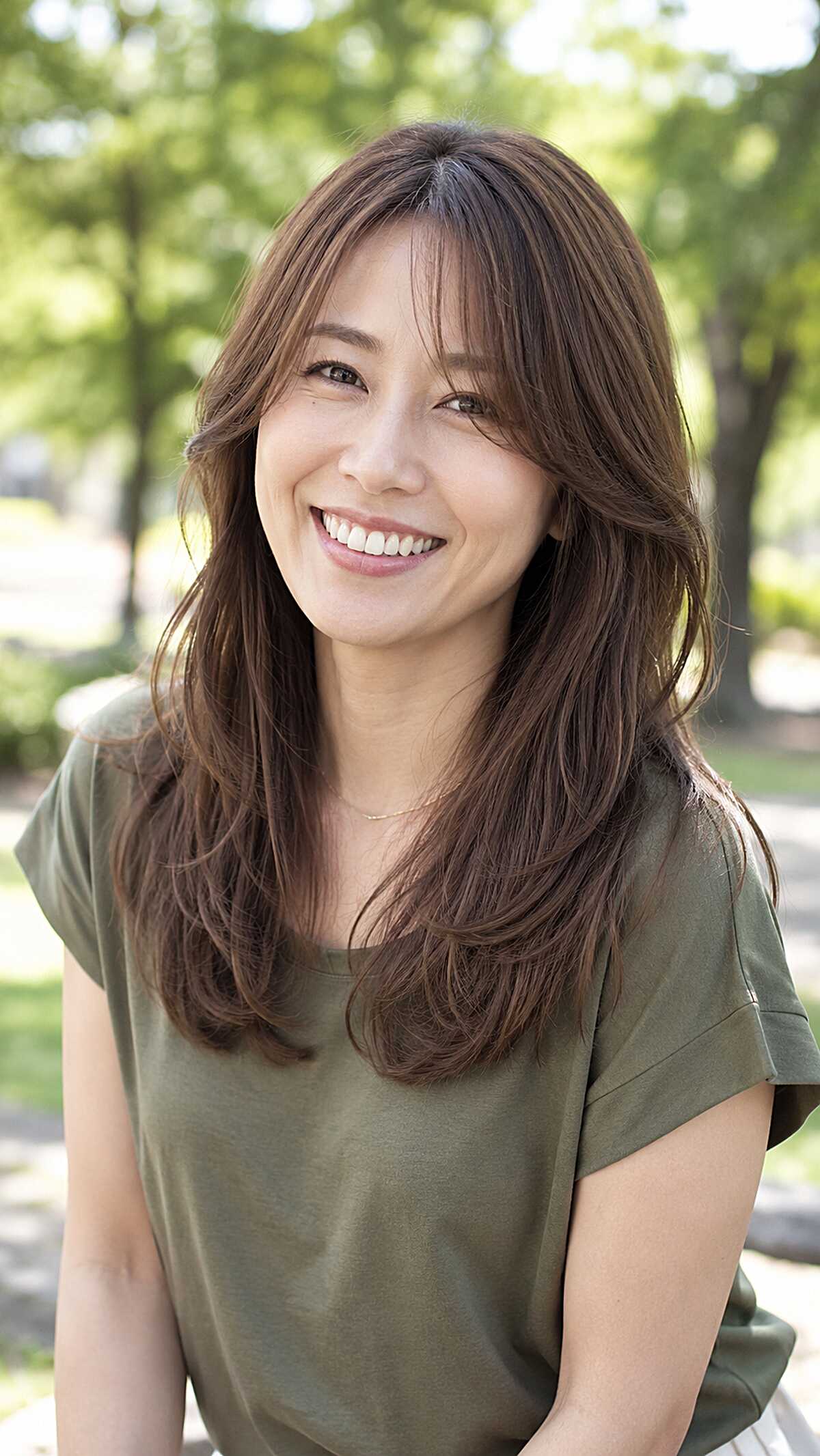 Long layered chestnut brown hair with breezy curtain bangs