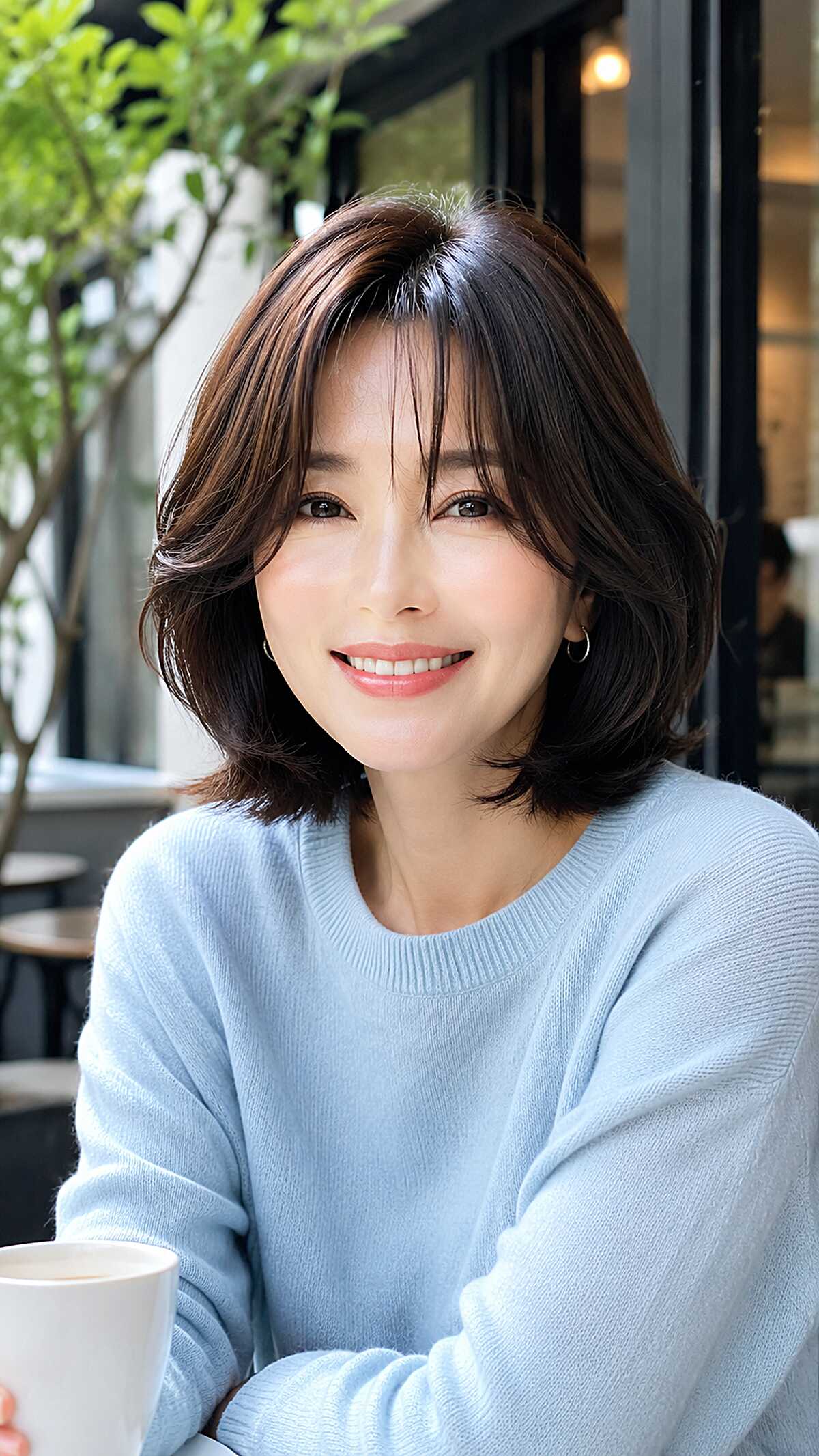 Layered dark chocolate bob with side-swept bangs
