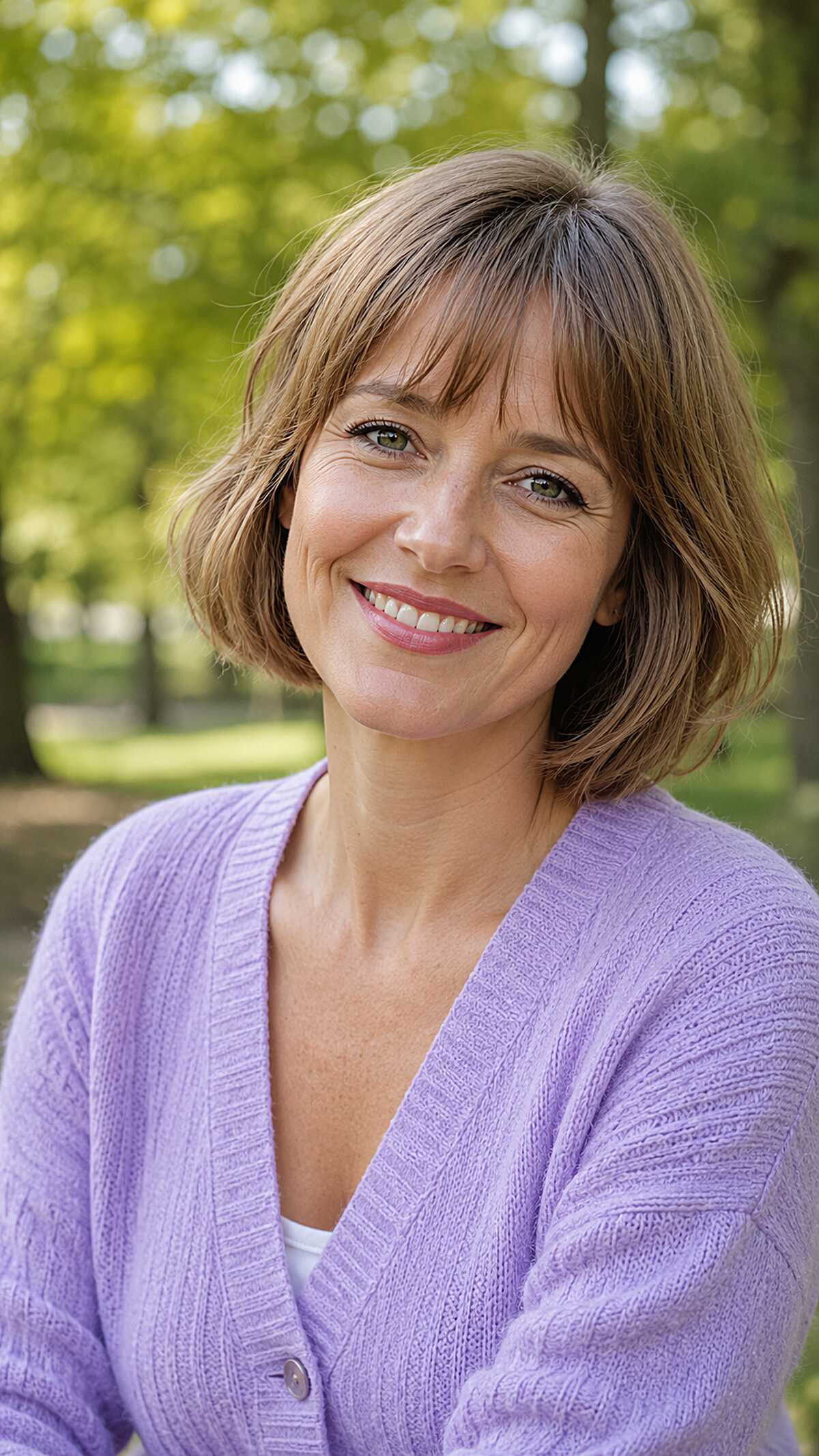 Light brown chin-length bob with wispy ends and bangs