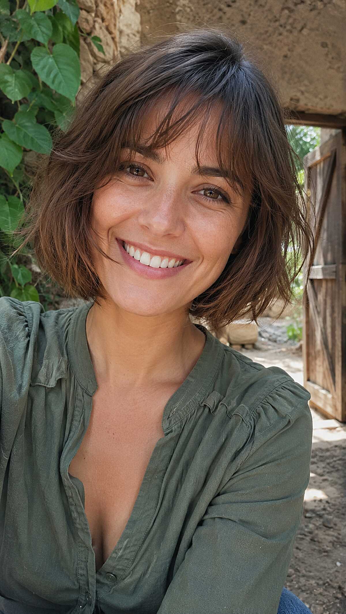 Messy brunette bob with short textured bangs