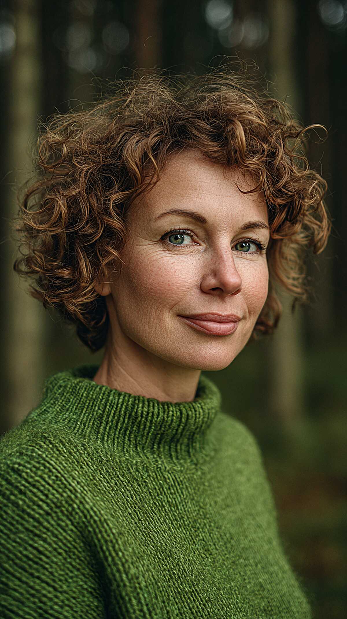 Short natural ringlet perm in warm auburn brown hair