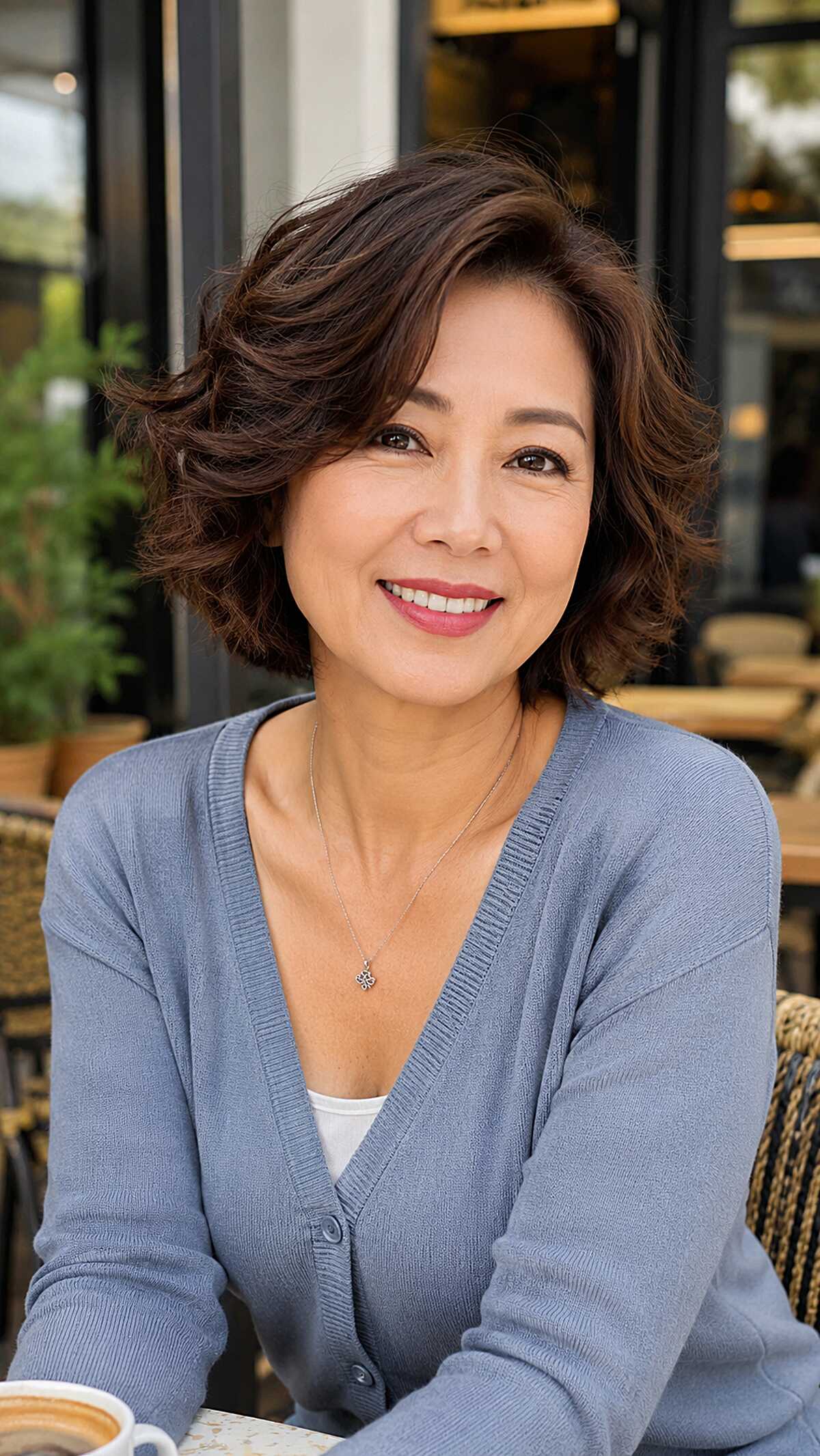 Polished dark brown wave perm bob with swept side fringe