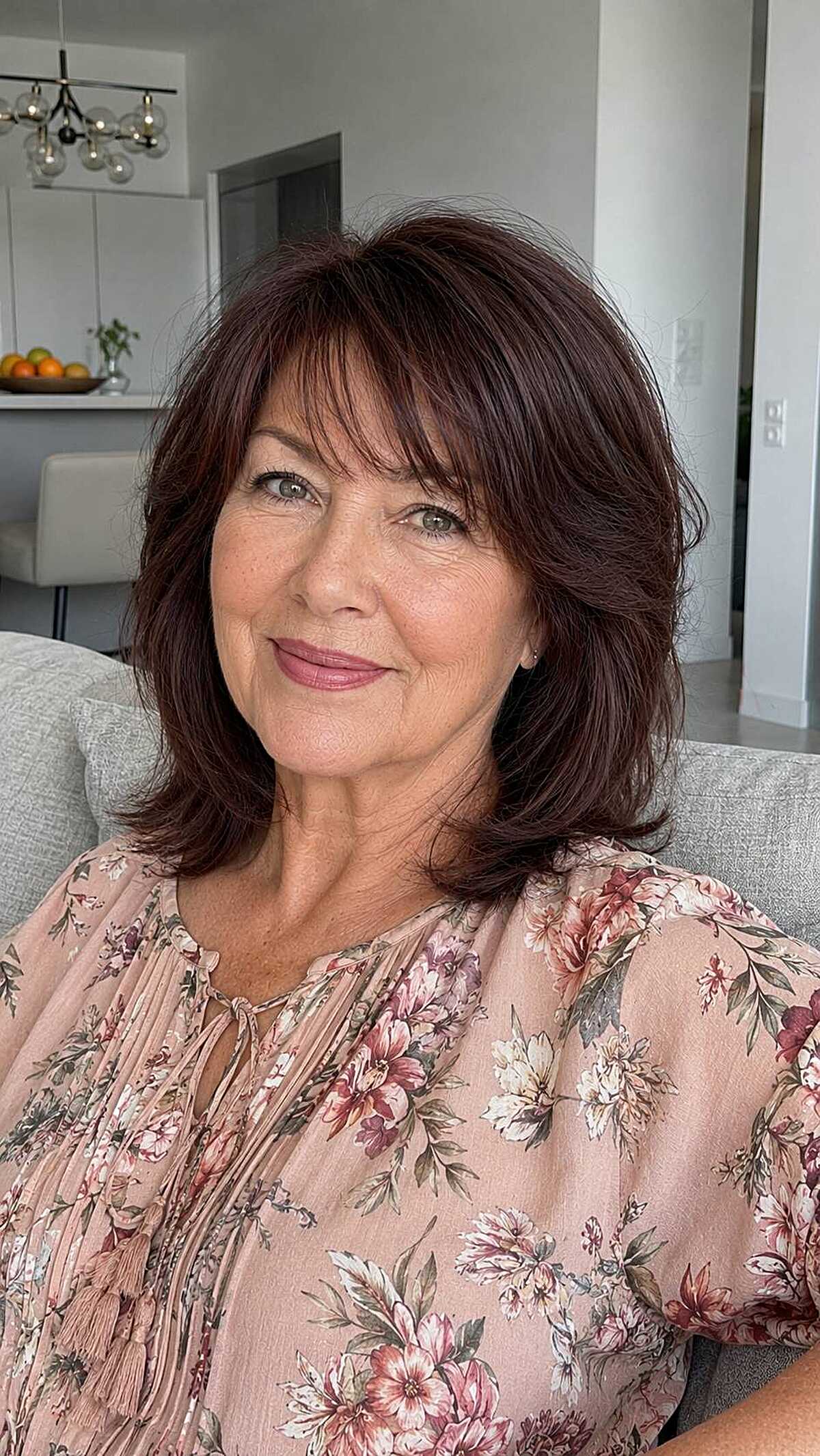 Rich mahogany layered cut with swoopy side bangs