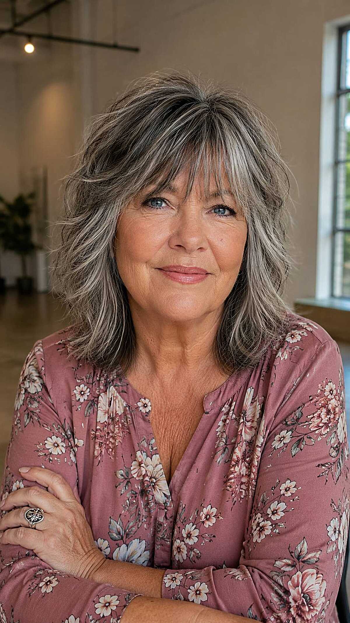 Salt and pepper medium shag with curtain bangs