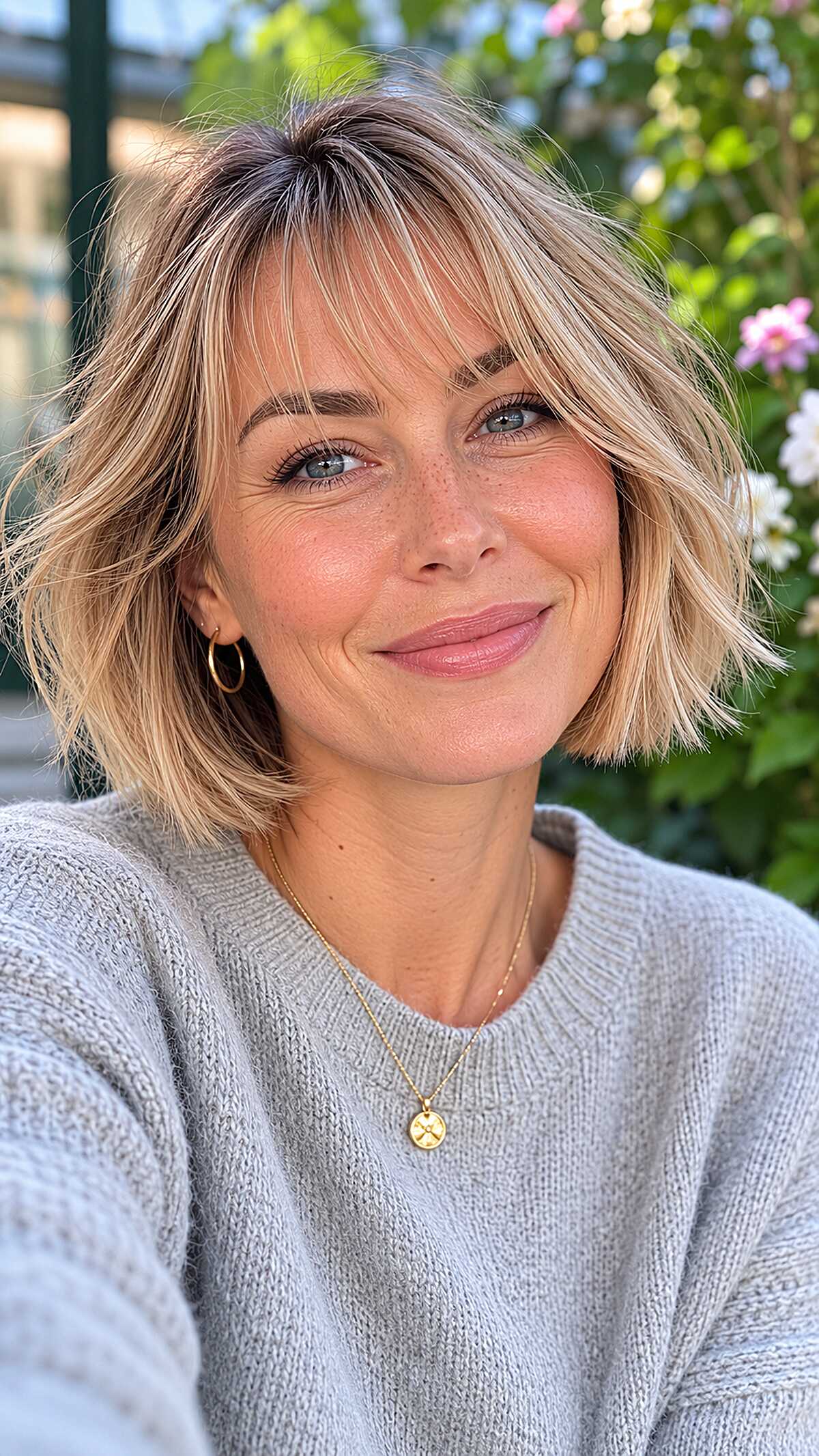 Shaggy blonde chin-length bob with wispy curtain bangs