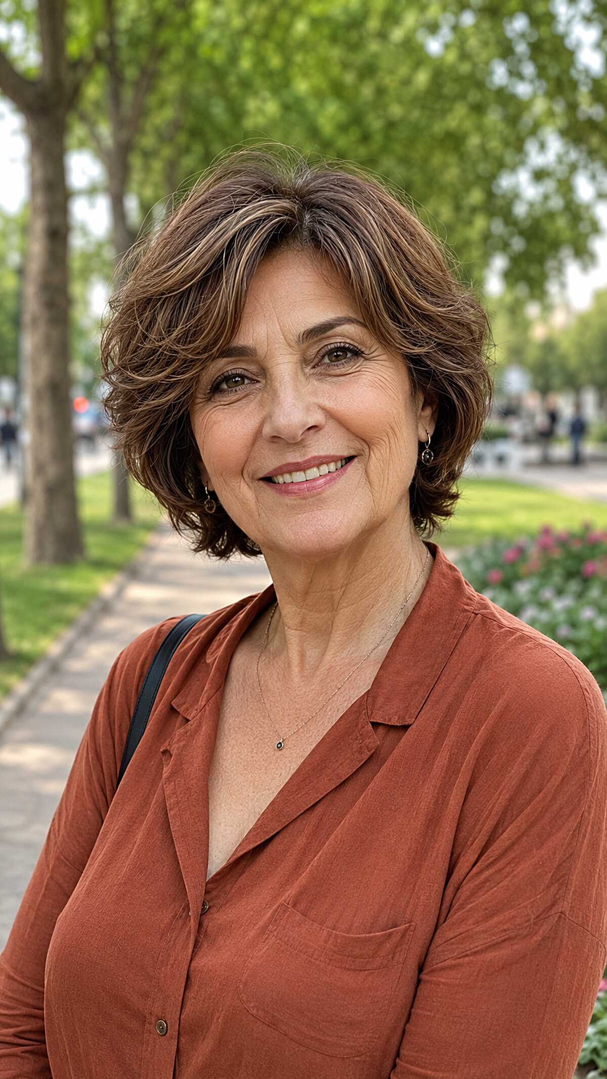 Short brown layered cut with feathered texture and highlights