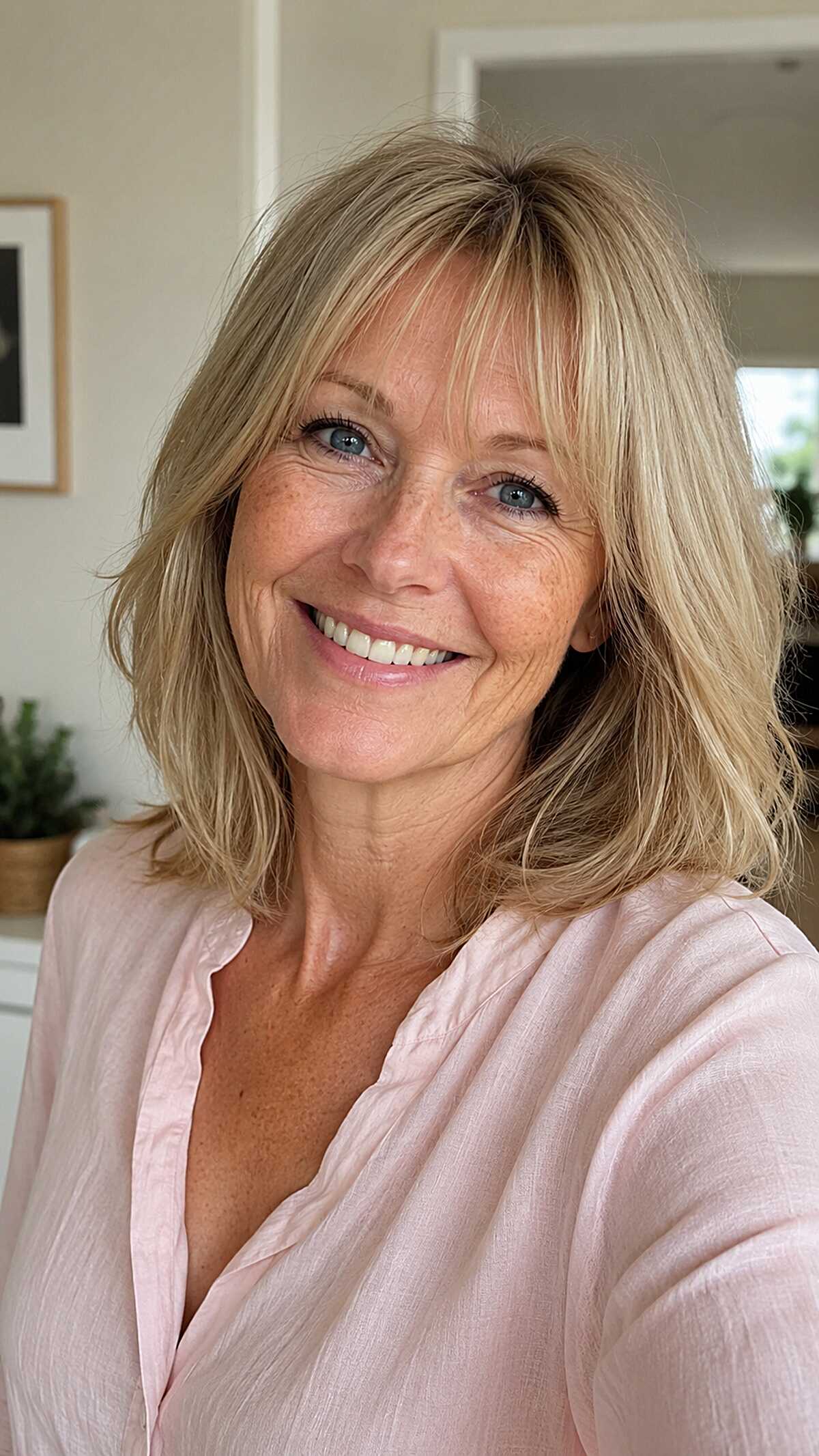 Shoulder-grazing blonde layered bob with soft side bangs