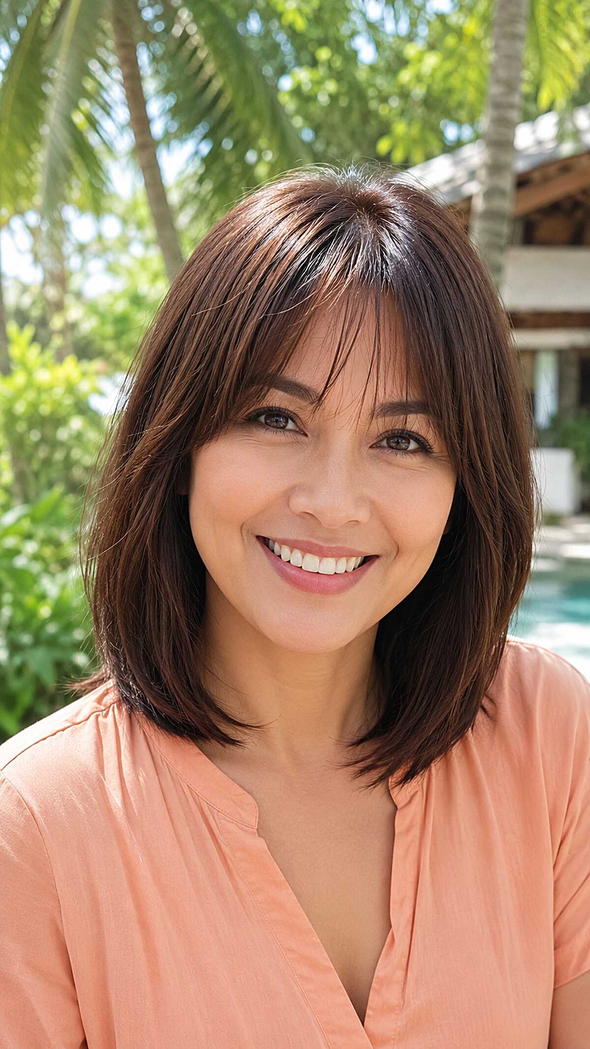 Sleek dark brunette lob with wispy straight bangs