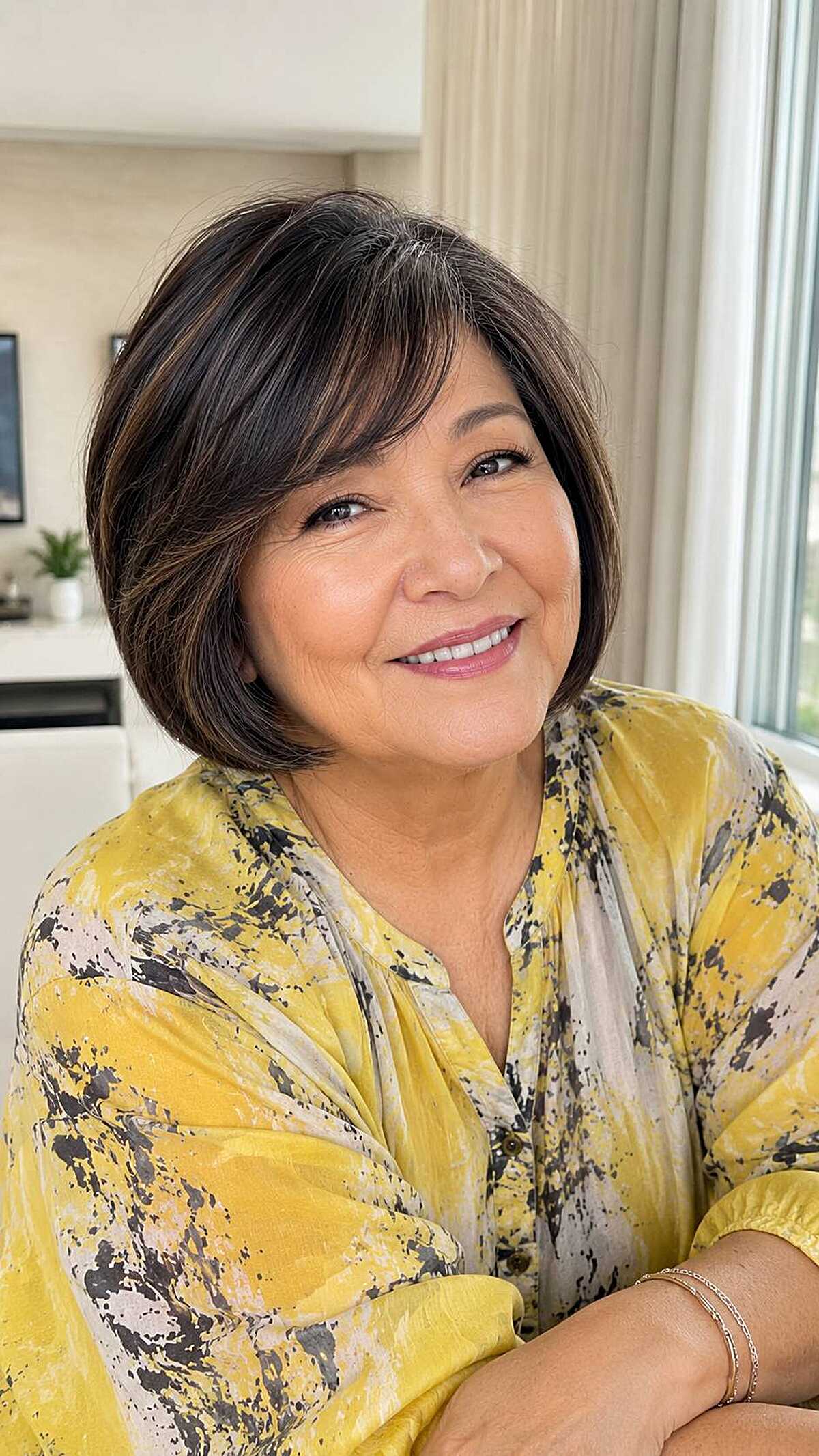 Sleek dark brunette rounded bob with subtle side bangs