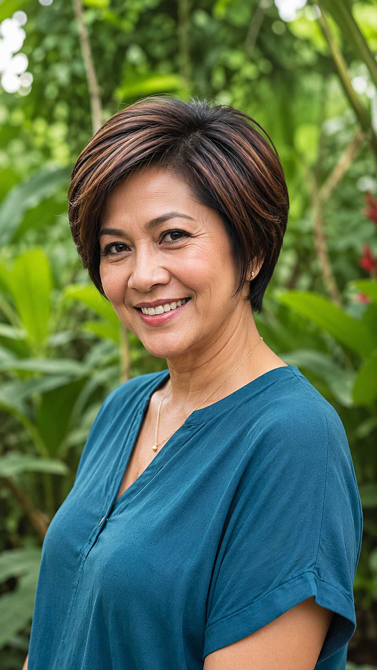 Short brown pixie bob with copper highlights and side sweep