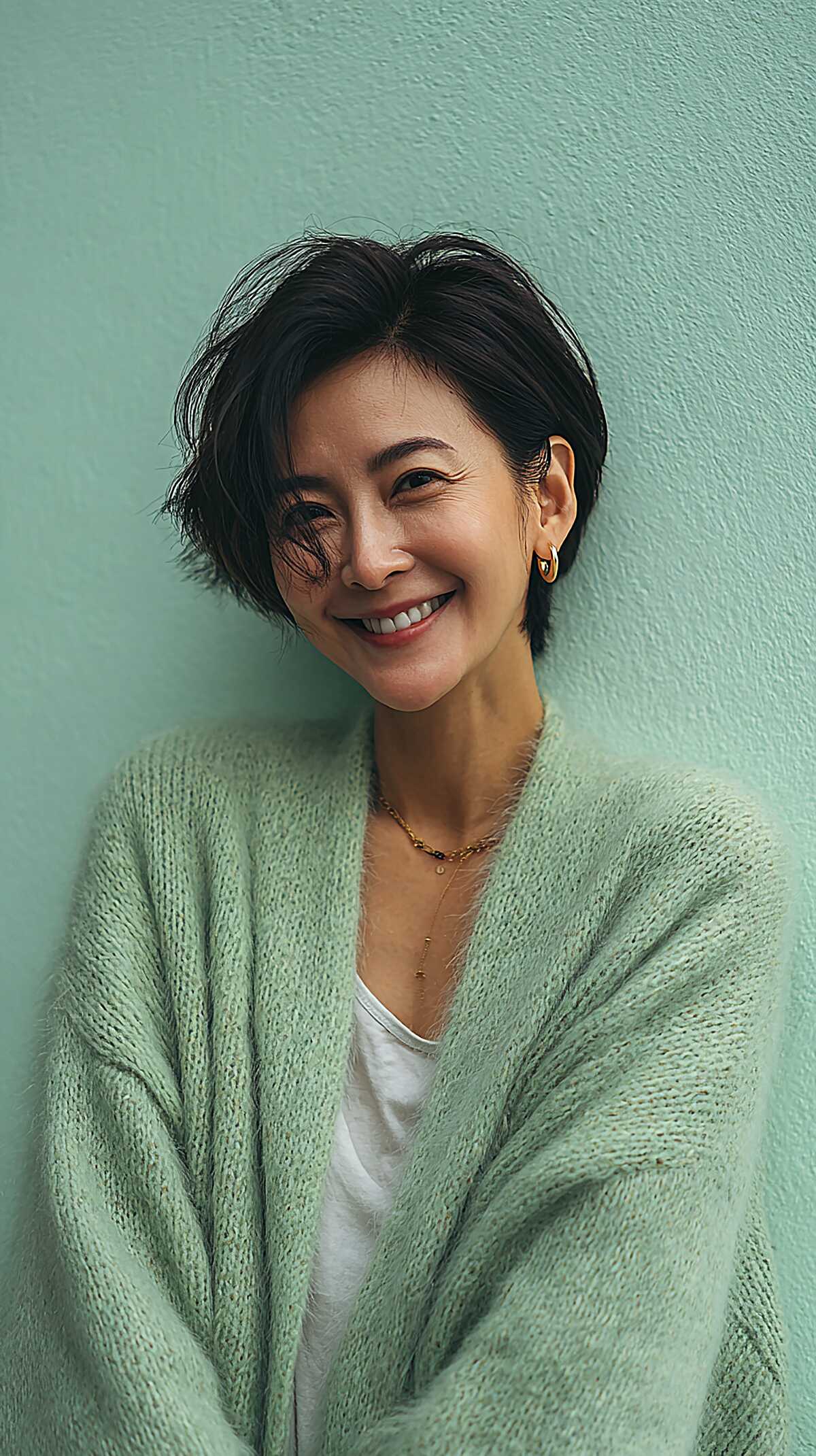 Sleek black layered pixie bob with side-swept fringe
