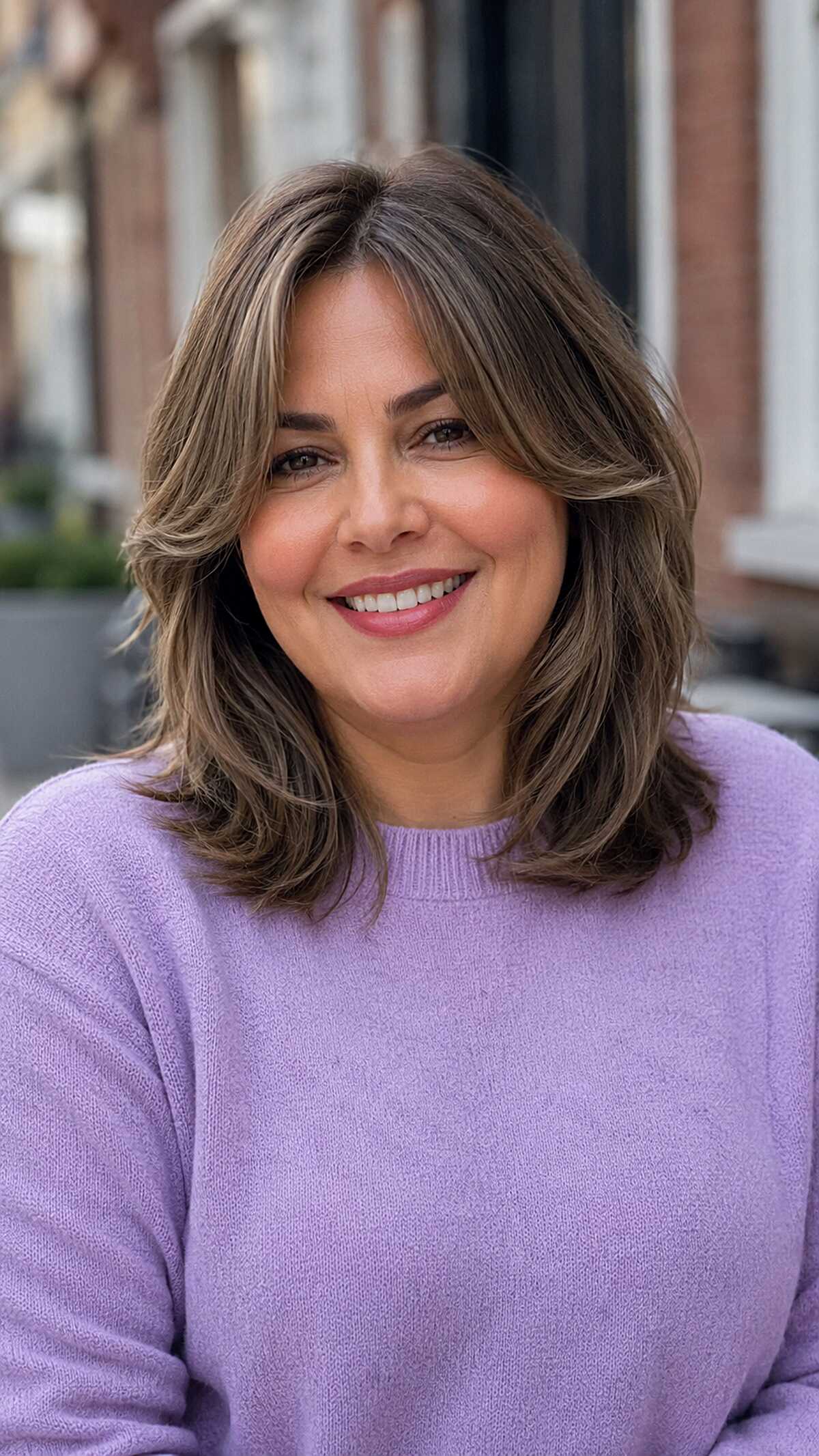 Ash brown lob with deep side part and soft layers