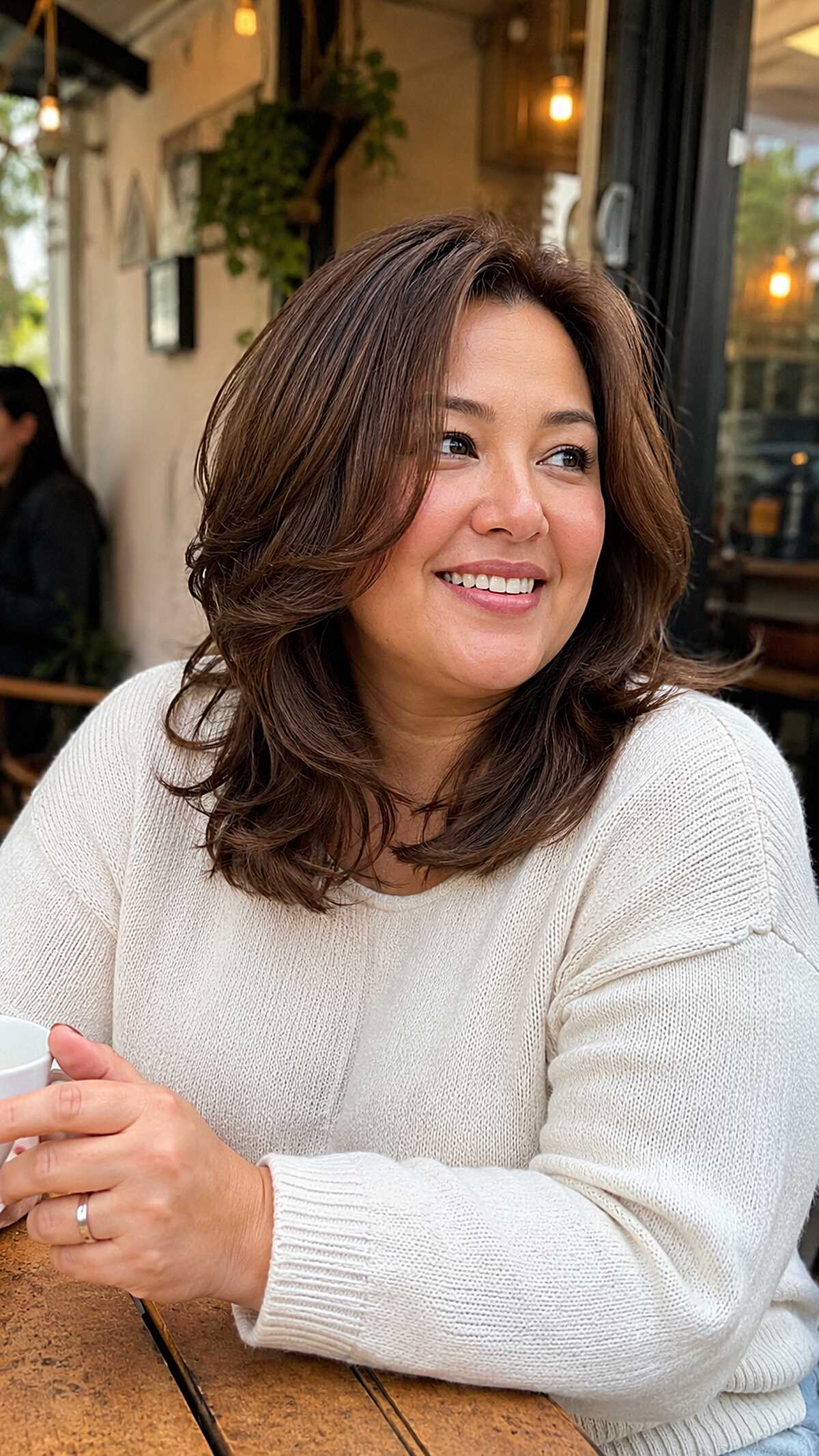 Medium brown layered hair with side-swept bangs and flipped ends