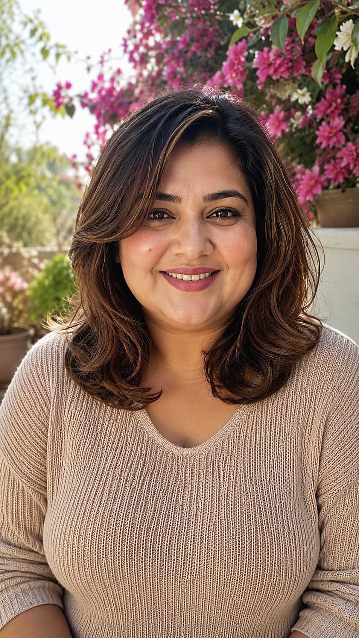 Dark brown shoulder-length layers with caramel highlights