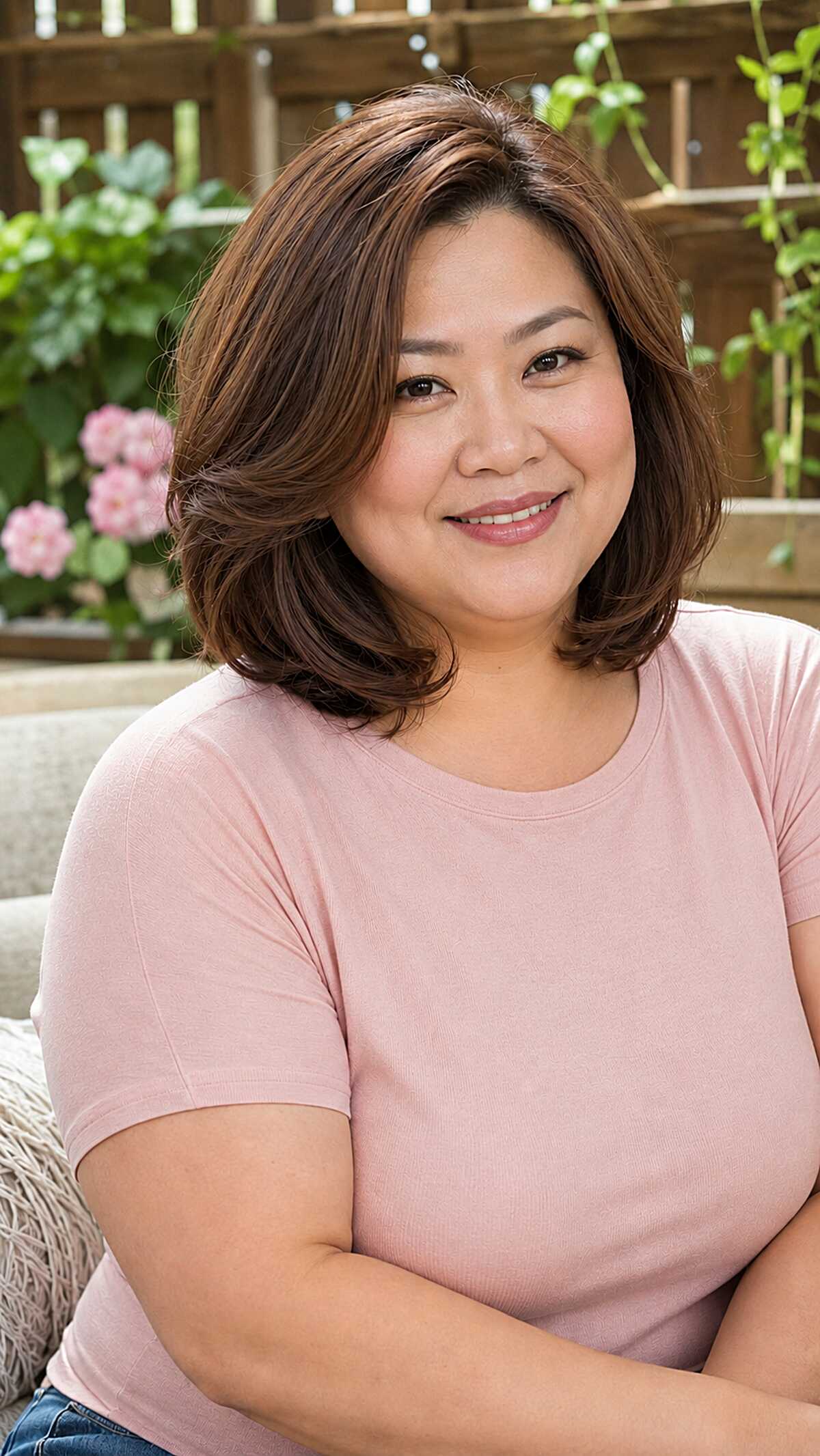 Chin-length brown bob with ends curving inward
