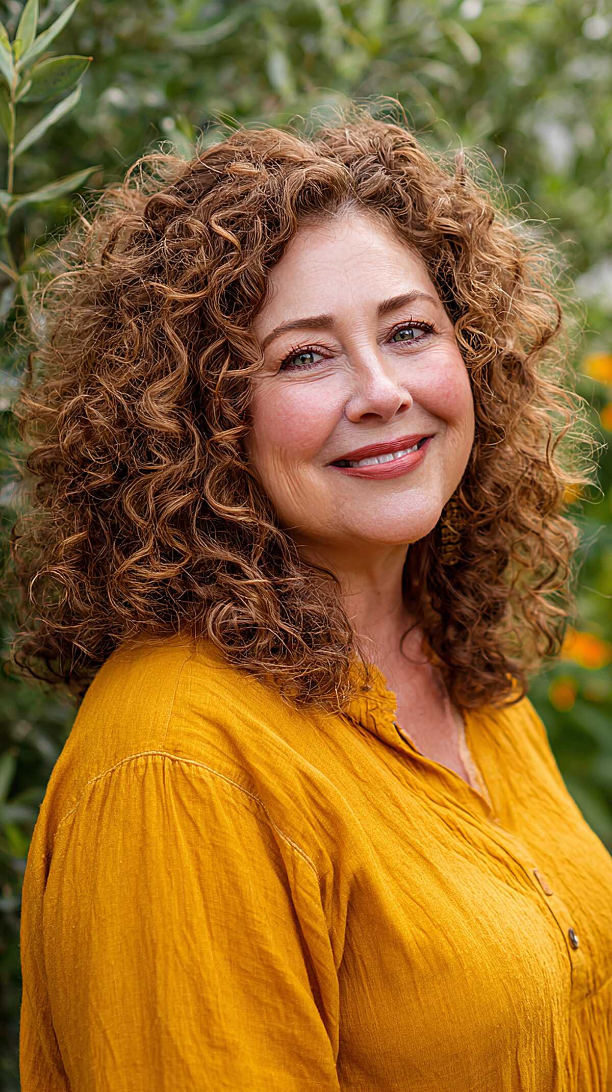 Voluminous natural curly hair in golden brown past shoulders