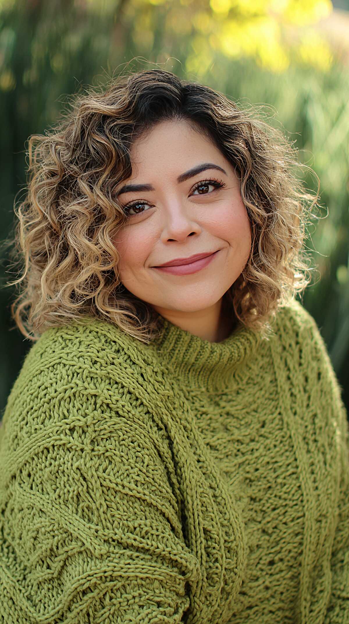 Curly bob with dark roots and golden blonde highlights