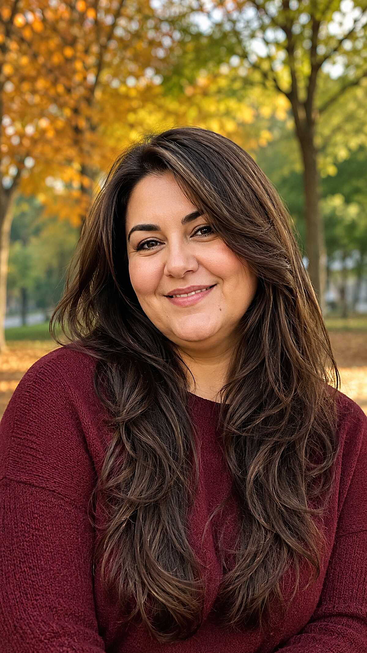 Long dark brown layered hair with warm caramel highlights