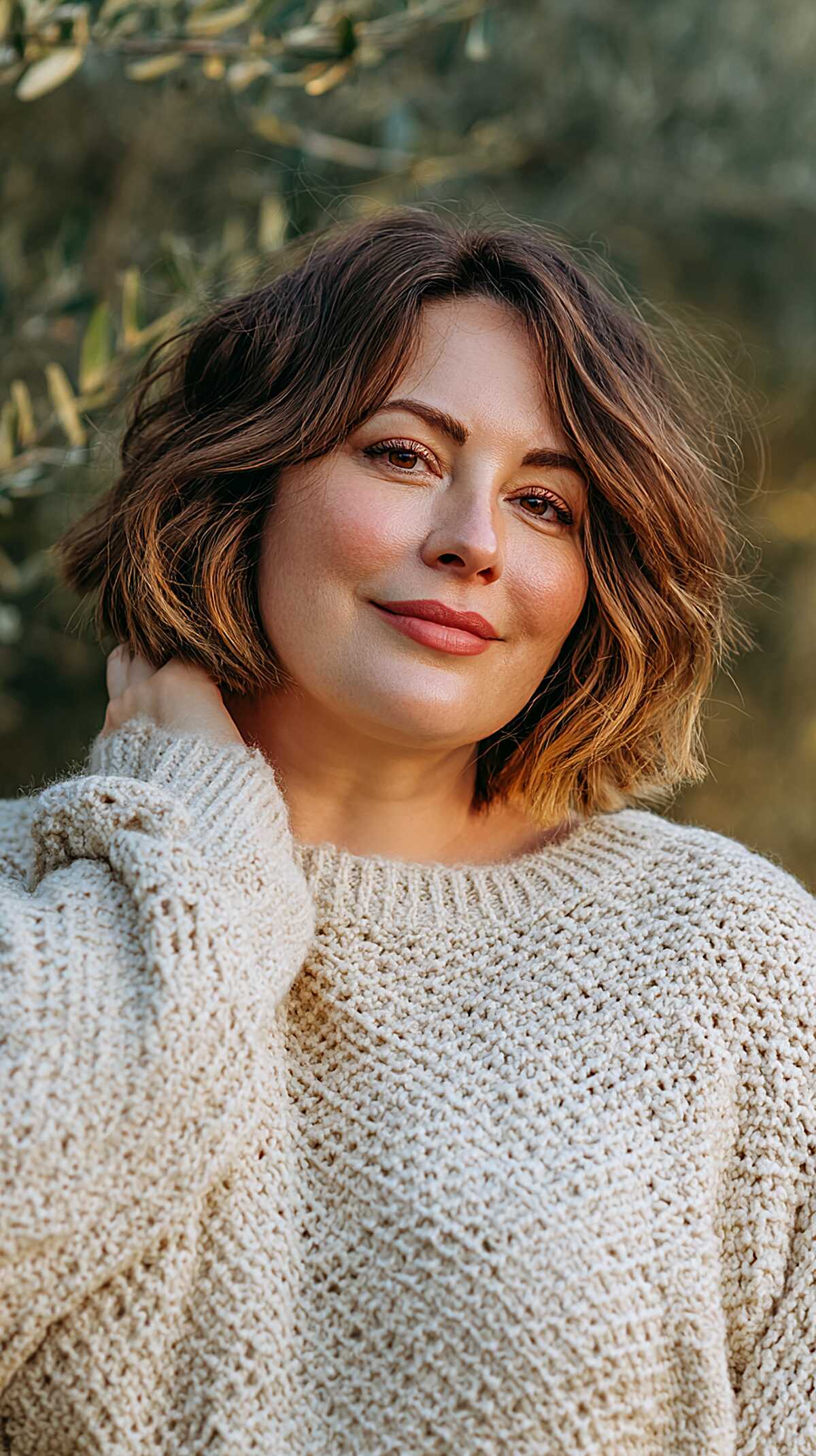 Short wavy bob with dark roots and caramel ombré tips