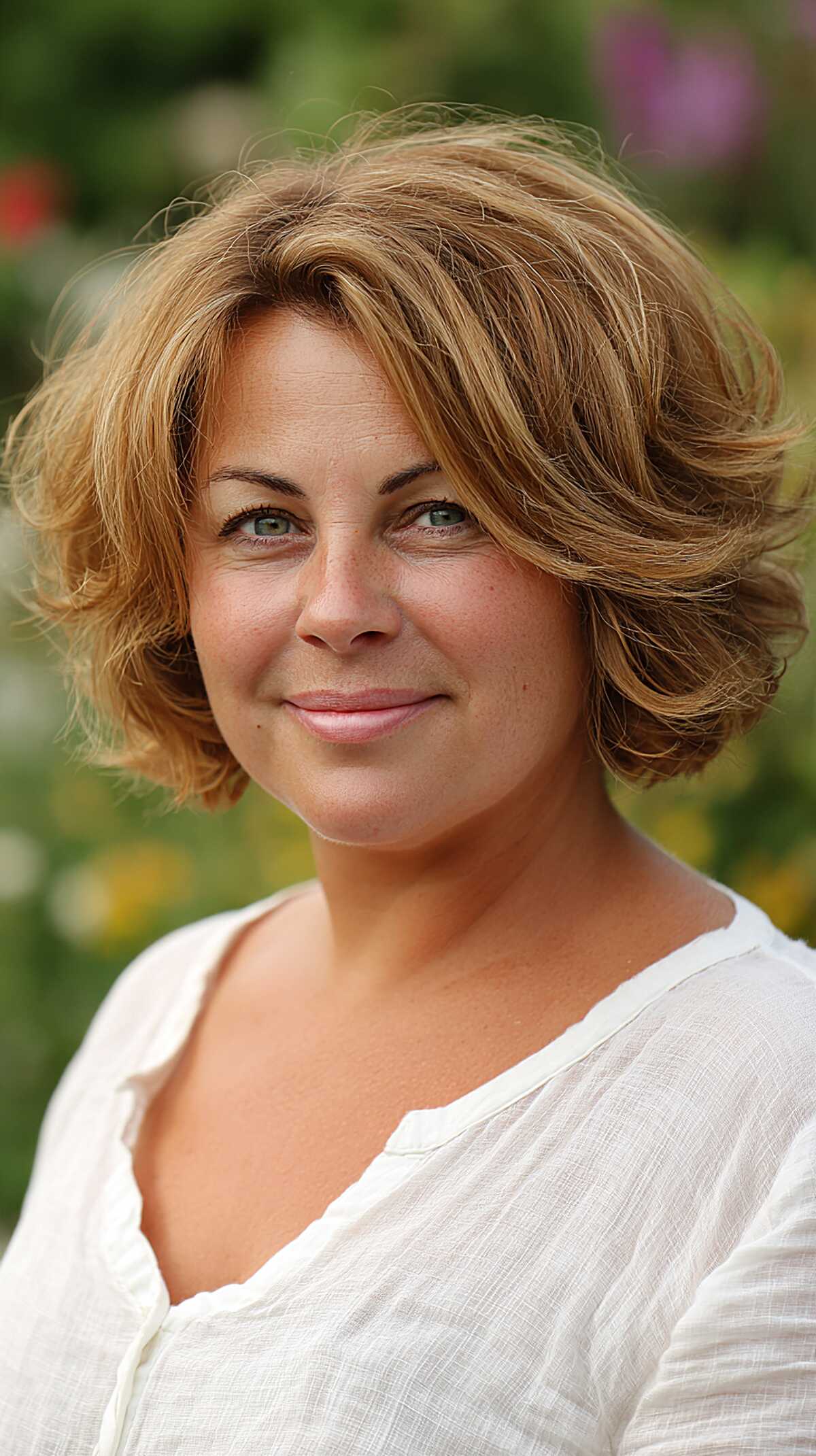 Short golden strawberry blonde bob with volume at crown