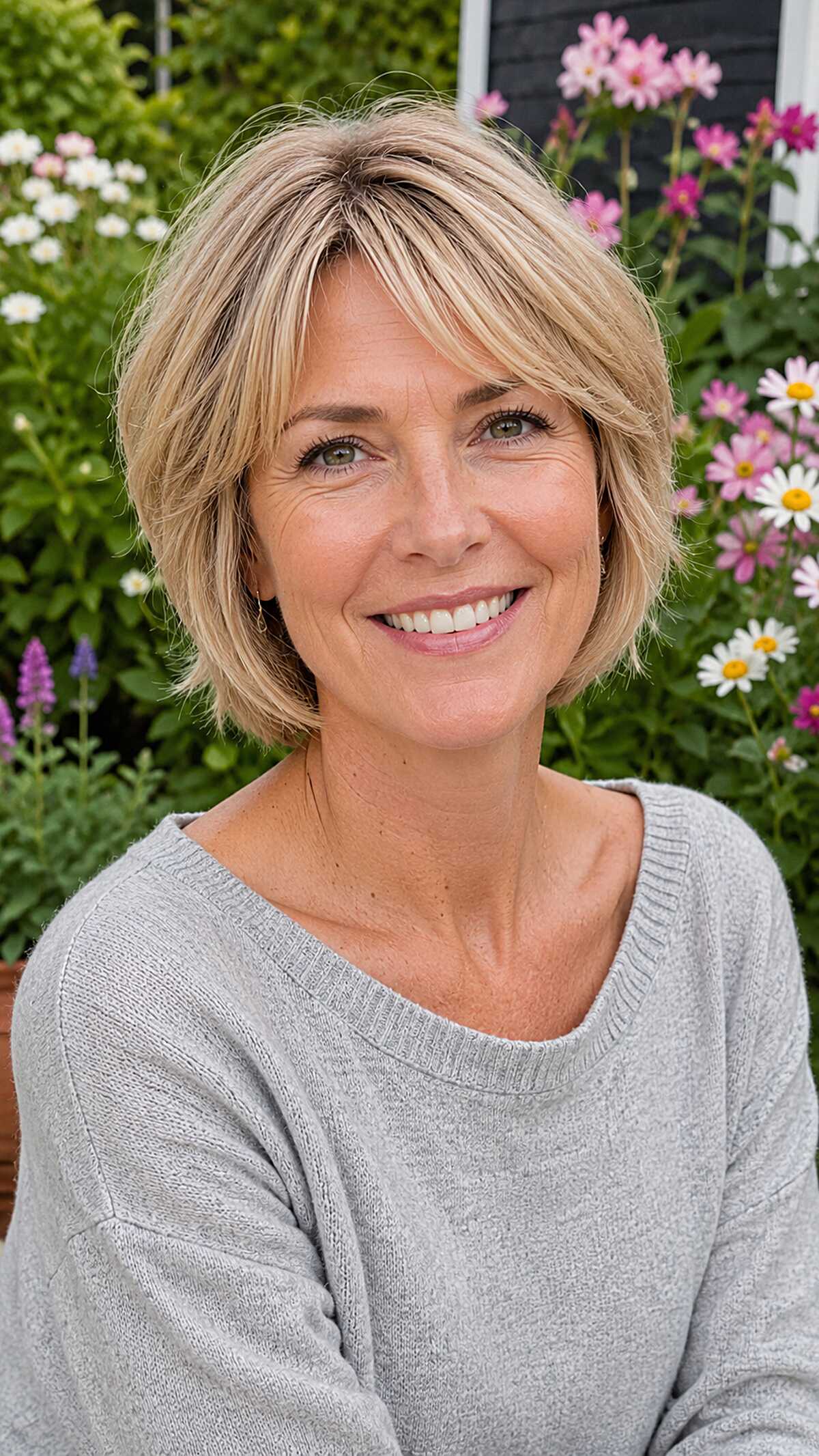 Short blonde layered bob with wispy side-swept bangs